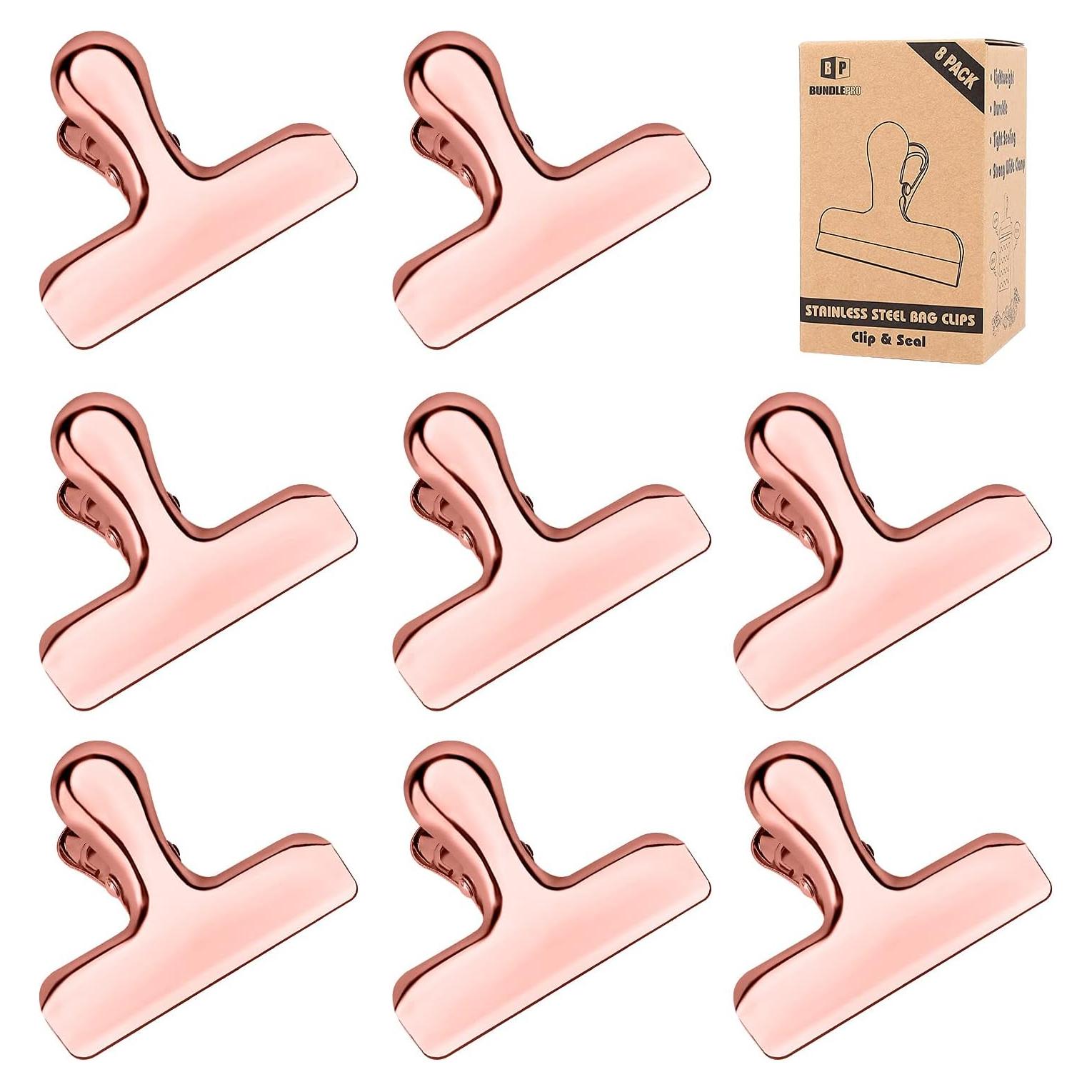Paquete de 8 Clips de Metal BUNDLEPRO para Bolsas - Acero Inoxidable Oro Rosa