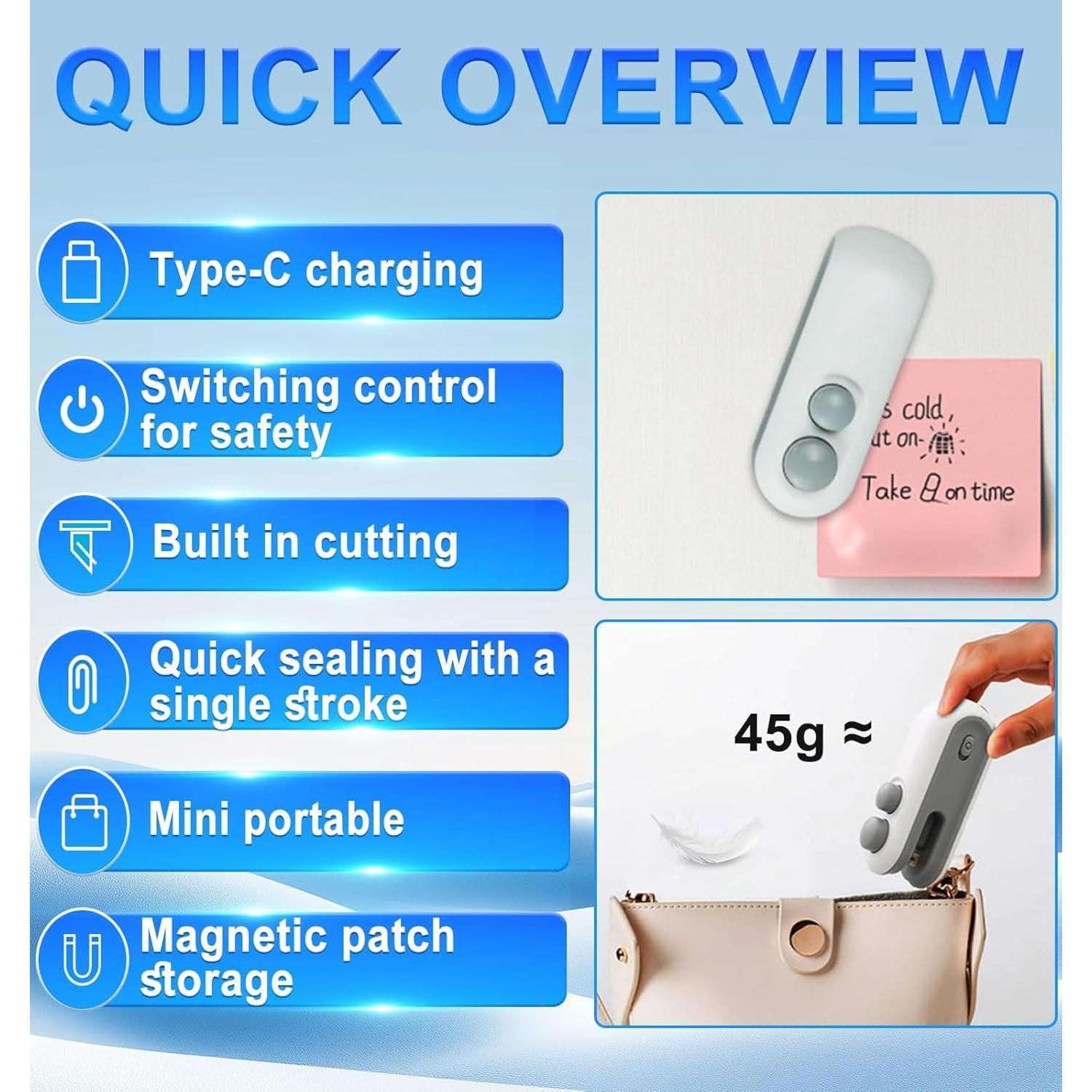 Mini Sello de Bolsas COMTAR 2-en-1 Recargable USB-C 45g