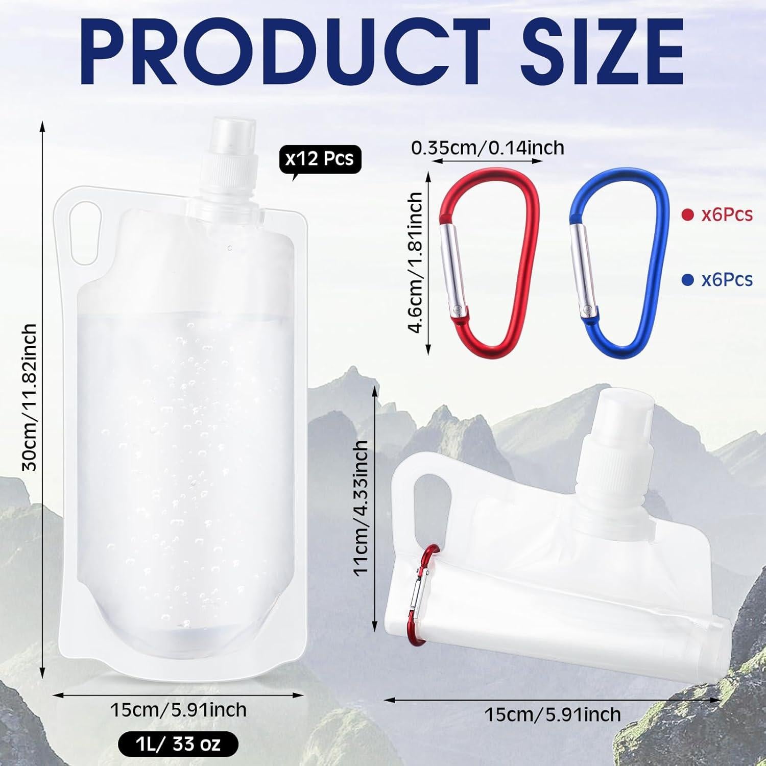 Maxdot 12 Botellas de Agua Plegables 1L con Clip para Camping