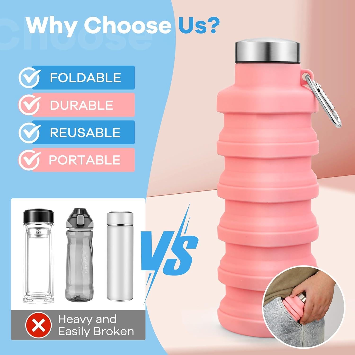 Botella de Agua Plegable Rotayi 0.47L Silicona Rosa