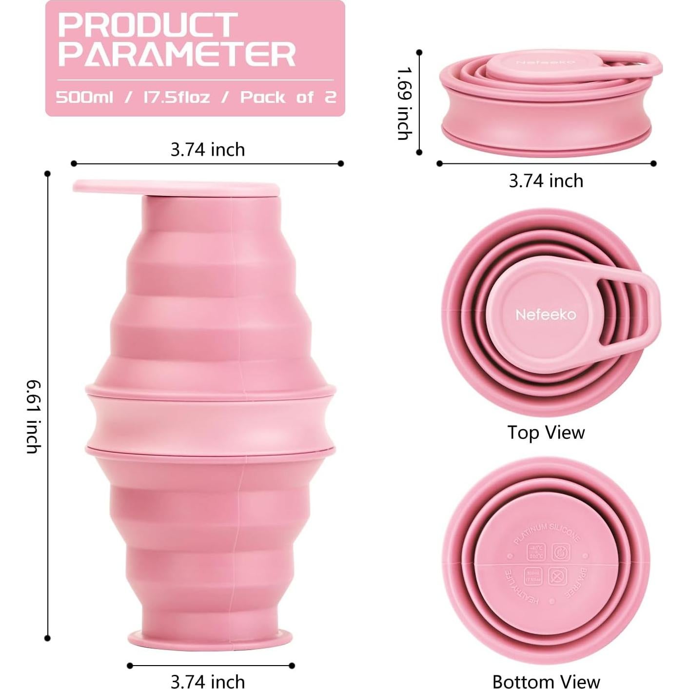 Botella de Agua Plegable Nefeeko Rosa 500ml Silicona BPA Libre