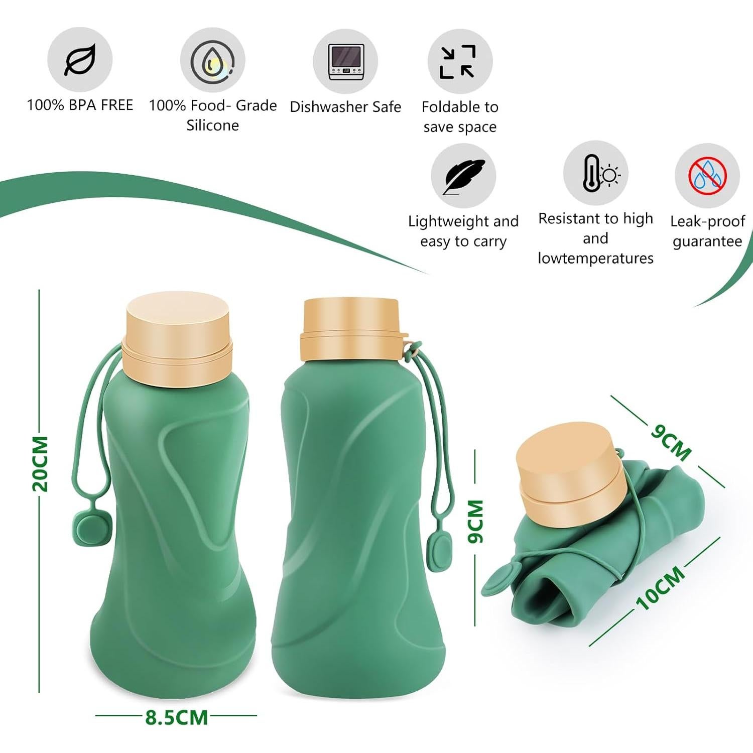 Botella de Agua Plegable NAVTUE 650ml Silicona Verde Reutilizable