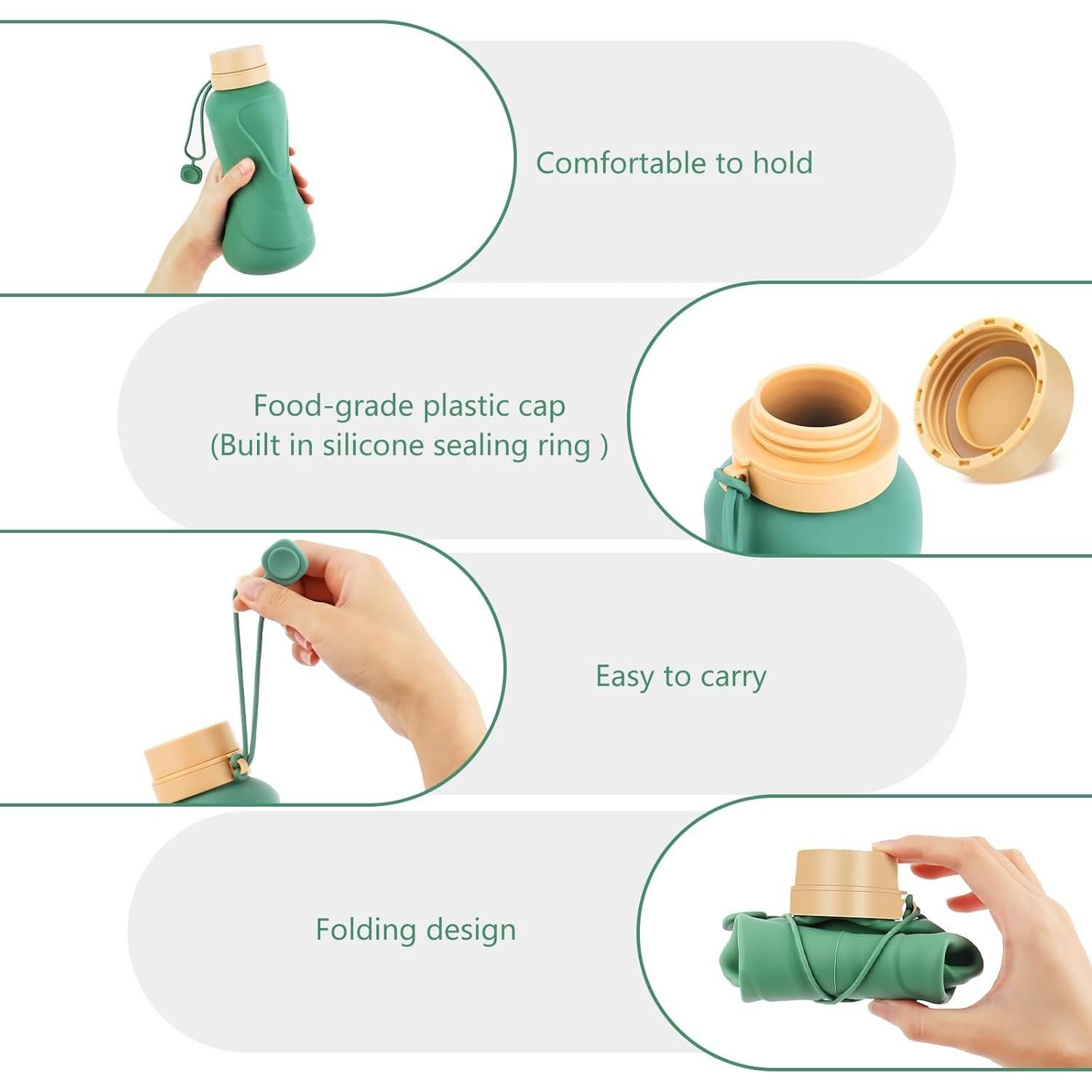 Botella de Agua Plegable NAVTUE 650ml Silicona Verde Reutilizable