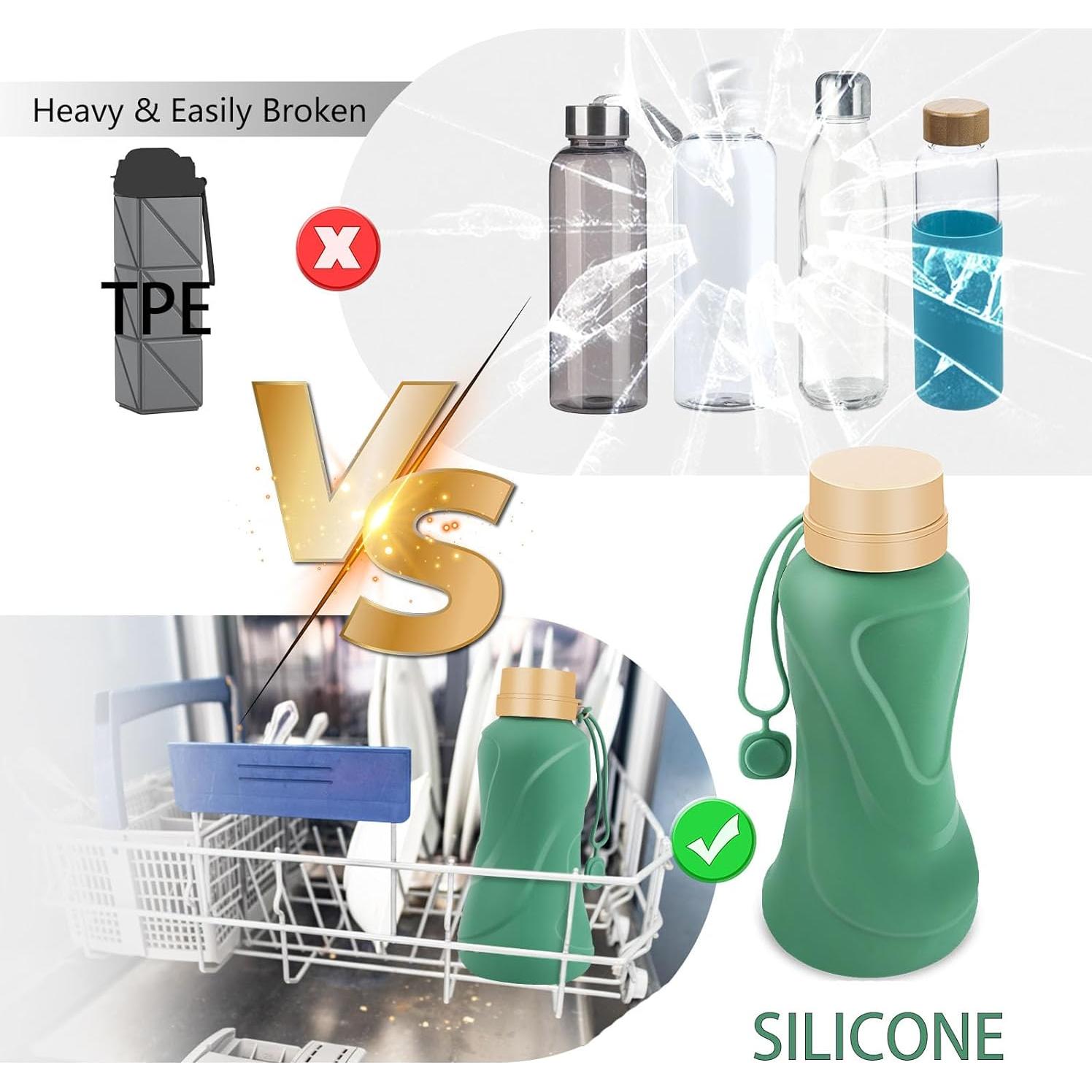 Botella de Agua Plegable NAVTUE 650ml Silicona Verde Reutilizable