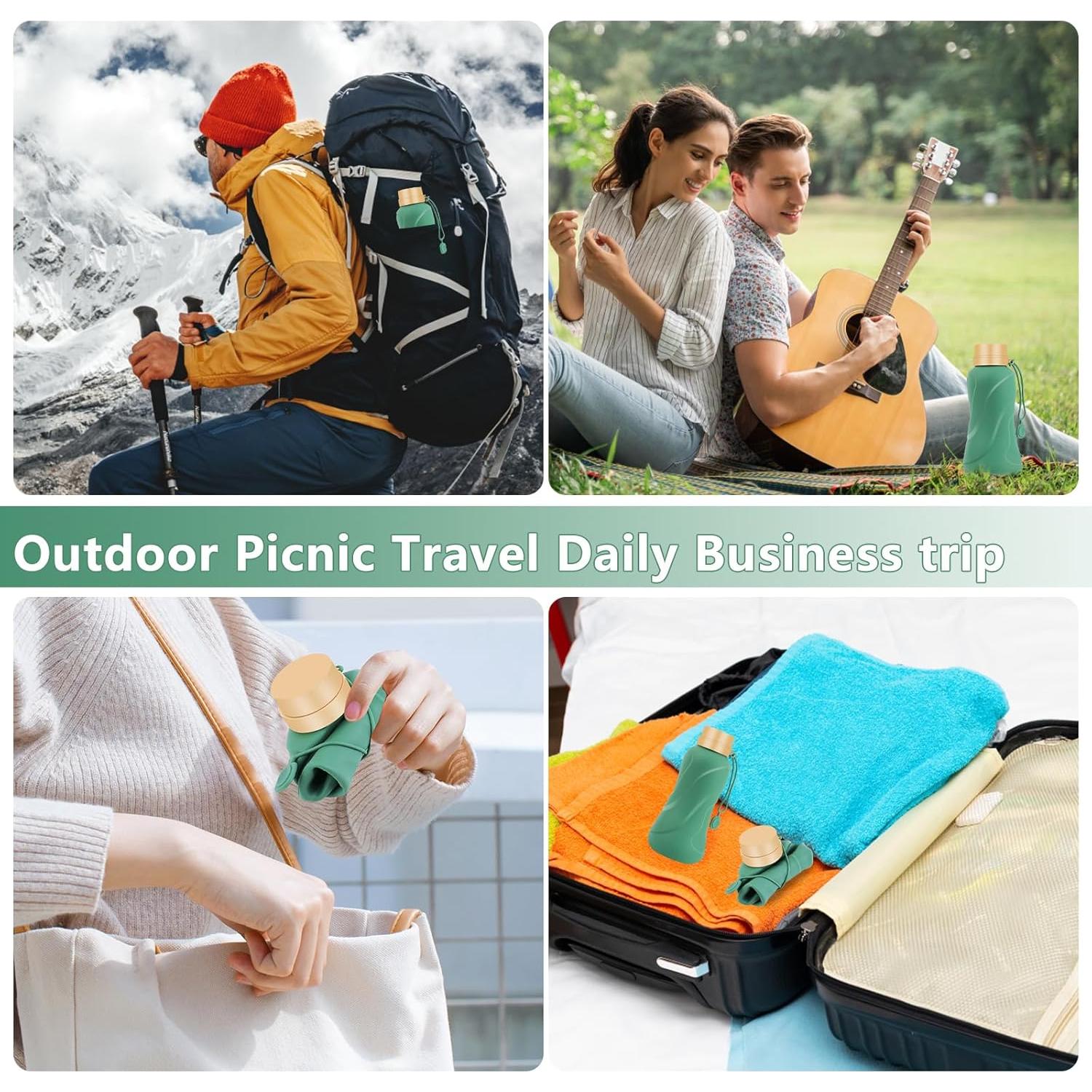 Botella de Agua Plegable NAVTUE 650ml Silicona Verde Reutilizable