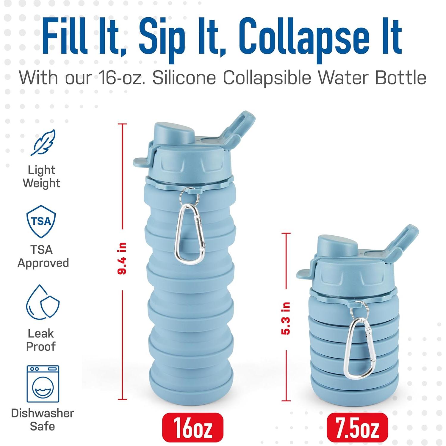 Botella de Agua Plegable Spacesaver 473 ml Silicona Azul