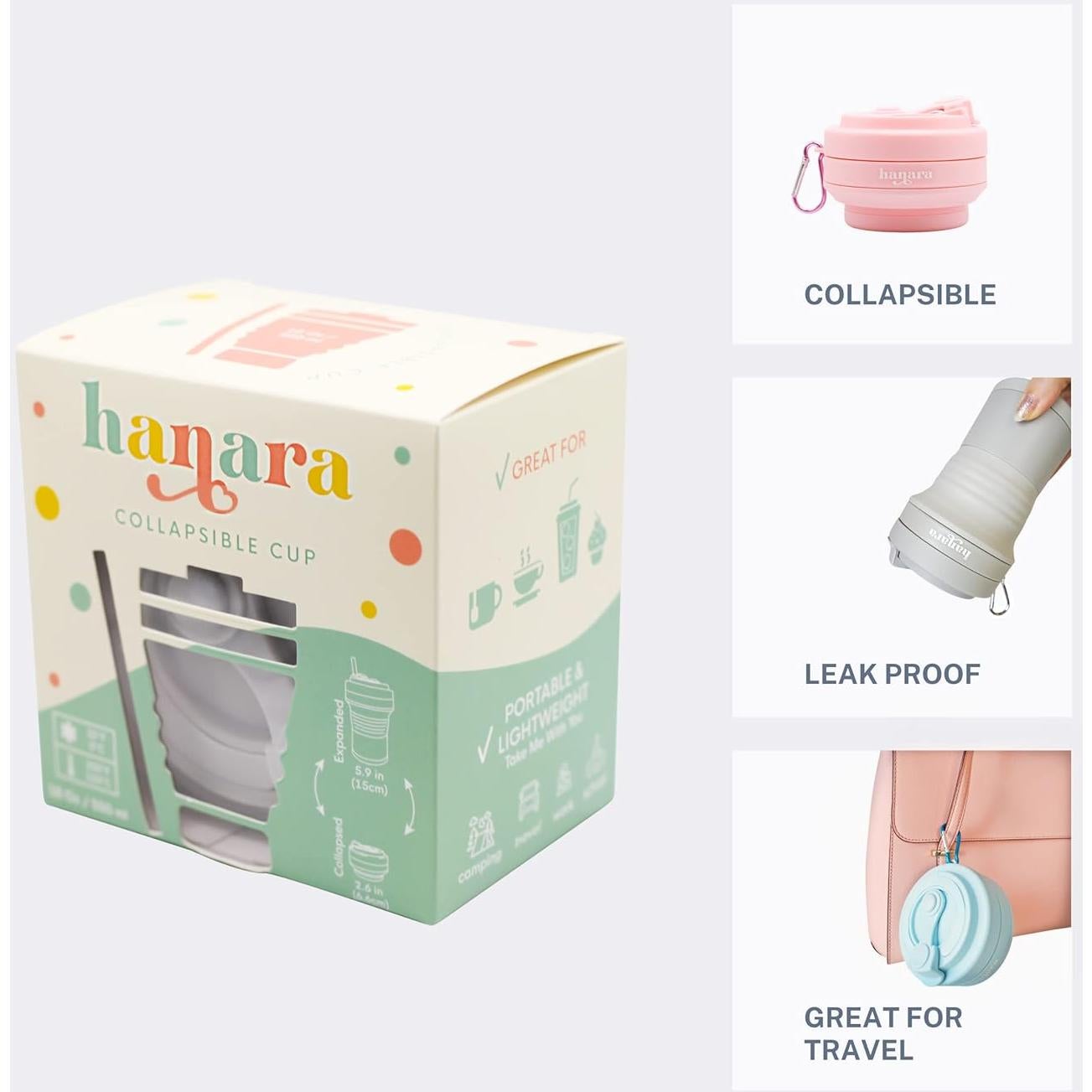 Taza Plegable Hanara 550ml Rosa, Reutilizable y a Prueba de Fugas