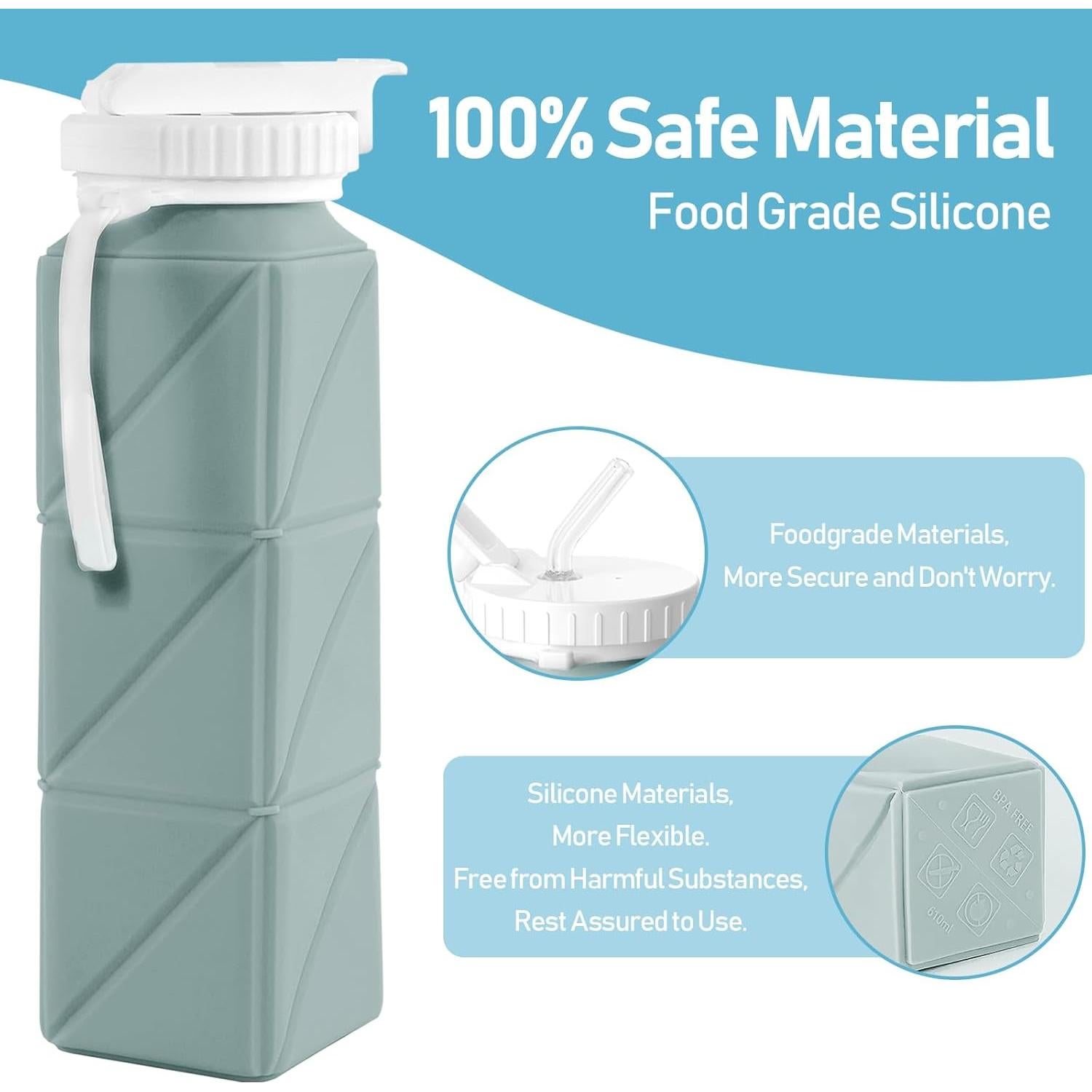 Botella de Agua Plegable Womeyork 620ml Silicona Sin BPA Verde