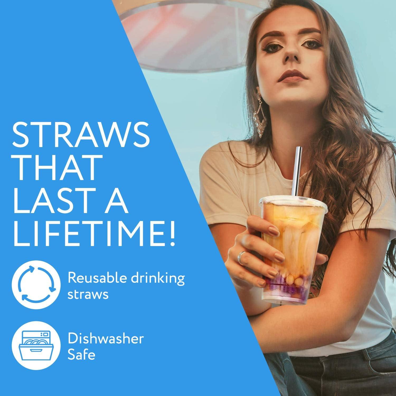 Juego de Popotes Reutilizables IMPRESA - 10 Popotes de Acero Inoxidable Extra Anchos 21.6 cm