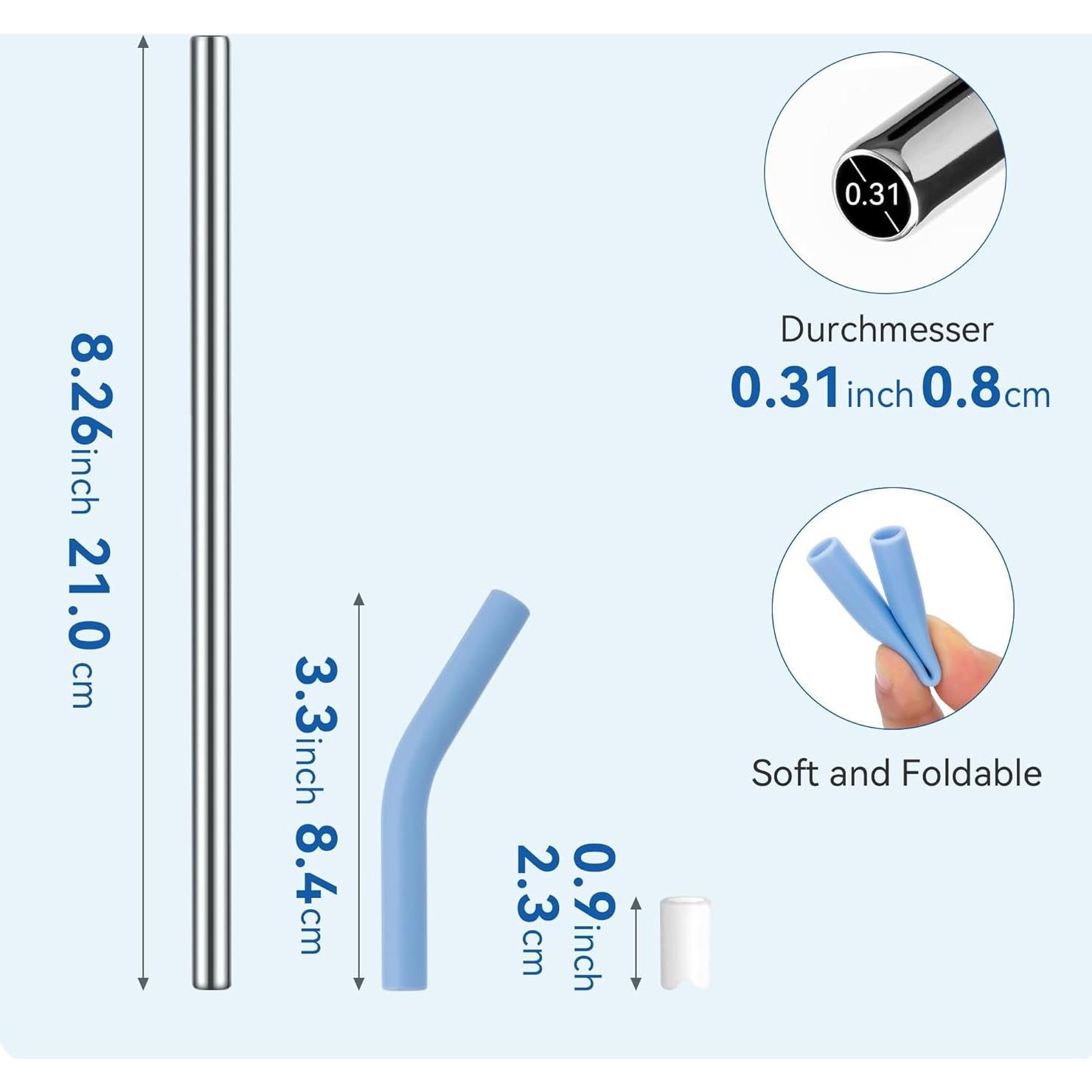 Popotes de Acero Inoxidable Prurex 21 cm Reutilizables con Puntas de Silicona