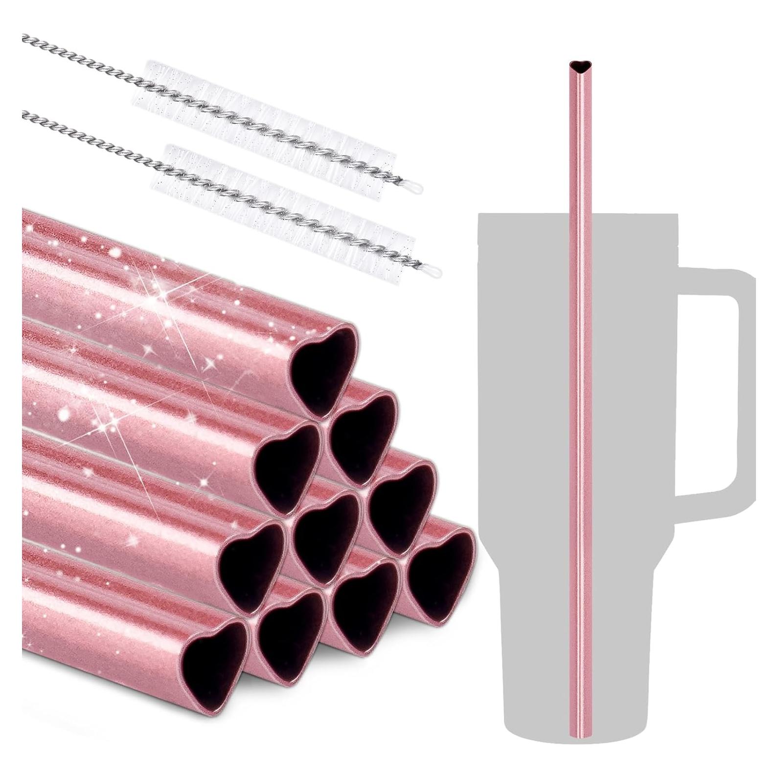 Popotes de Acero Inoxidable NiHome 30 cm Corazón Rosa 10 Pzas