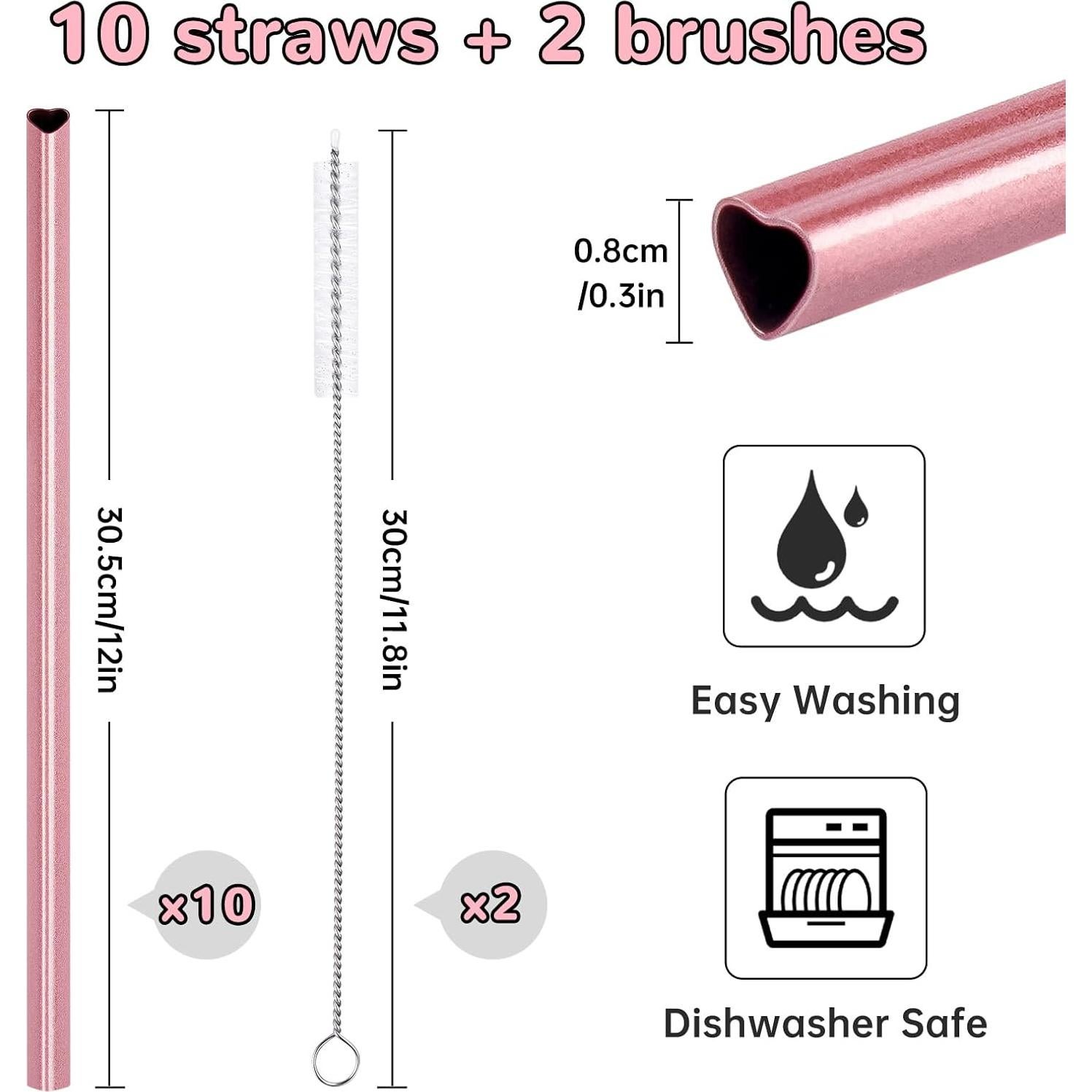 Popotes de Acero Inoxidable NiHome 30 cm Corazón Rosa 10 Pzas