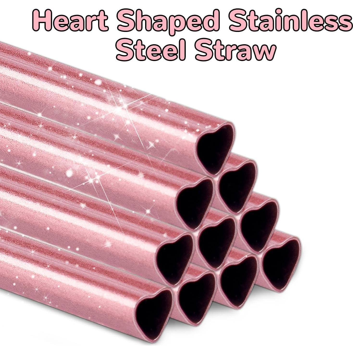 Popotes de Acero Inoxidable NiHome 30 cm Corazón Rosa 10 Pzas