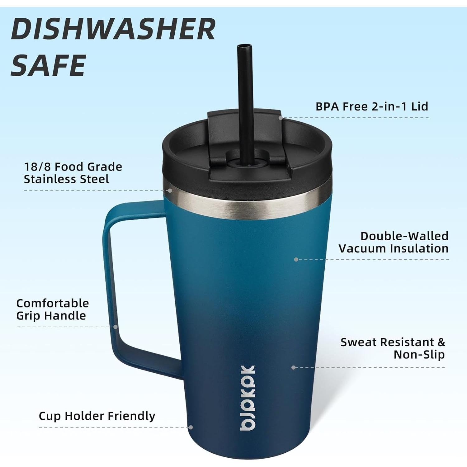 Vaso Aislado BJPKPK 530ml Acero Inoxidable con Asa y Tapa