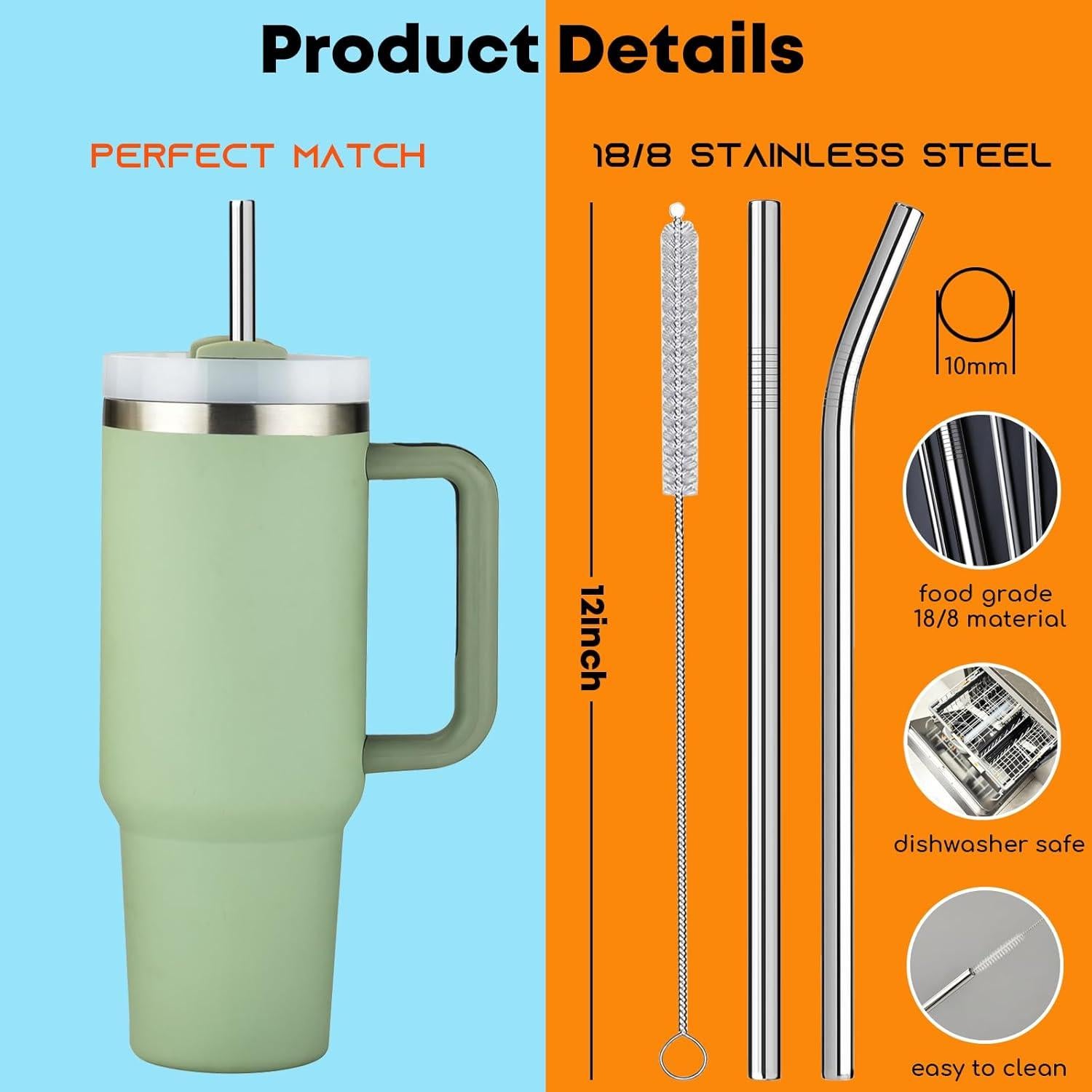 Popotes de Acero Inoxidable ALINK 12" Reutilizables x6 para Taza Stanley
