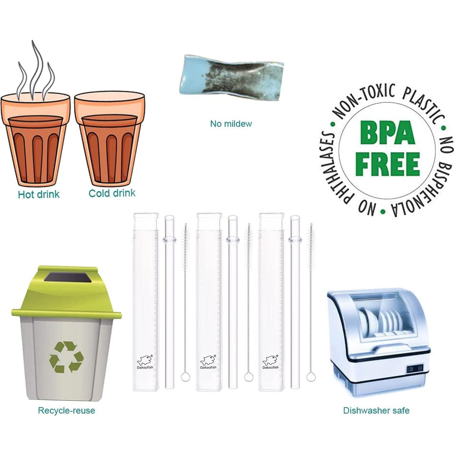 Popotes Reutilizables de Tritan 13" Dakoufish - 3 Juegos con Caja