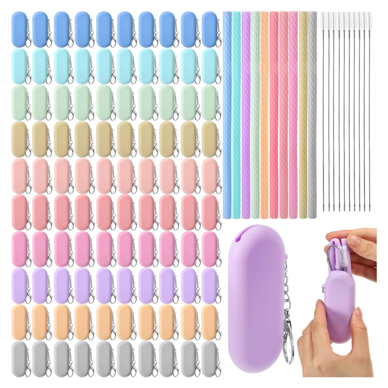 100 Pajitas Reutilizables de Silicona Rtteri con Estuche y Cepillos