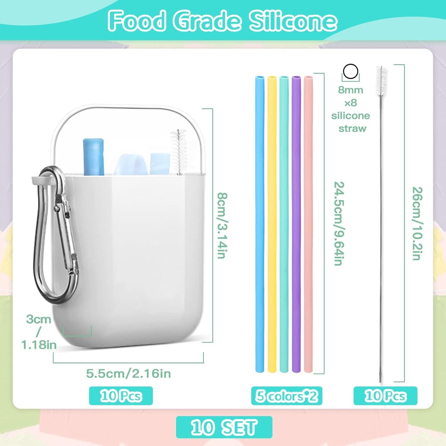 Set de 10 Pajitas de Silicona Reutilizables Mumufy con Estuche