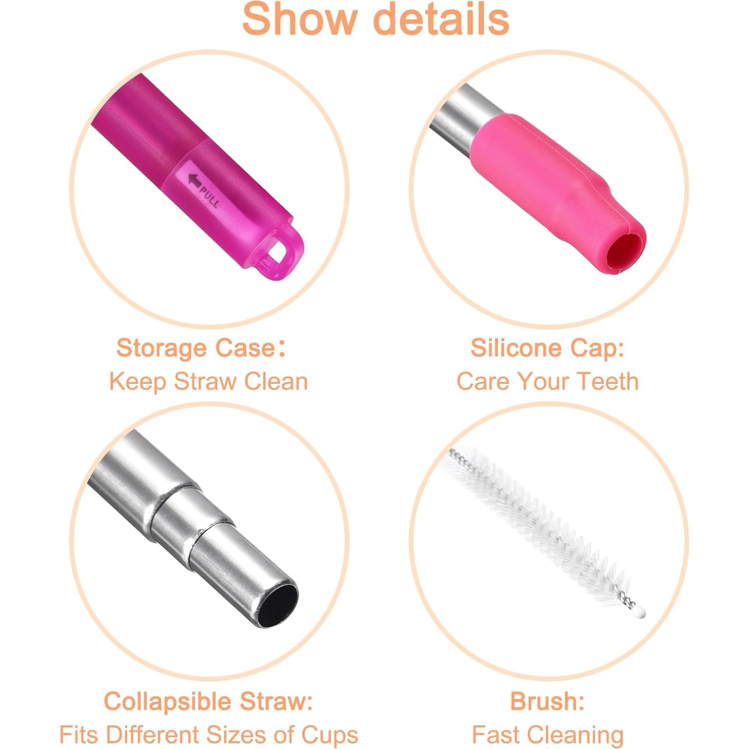 Pajitas de Metal Reutilizables uxcell Telescópicas 9.5-21 cm Fucsia