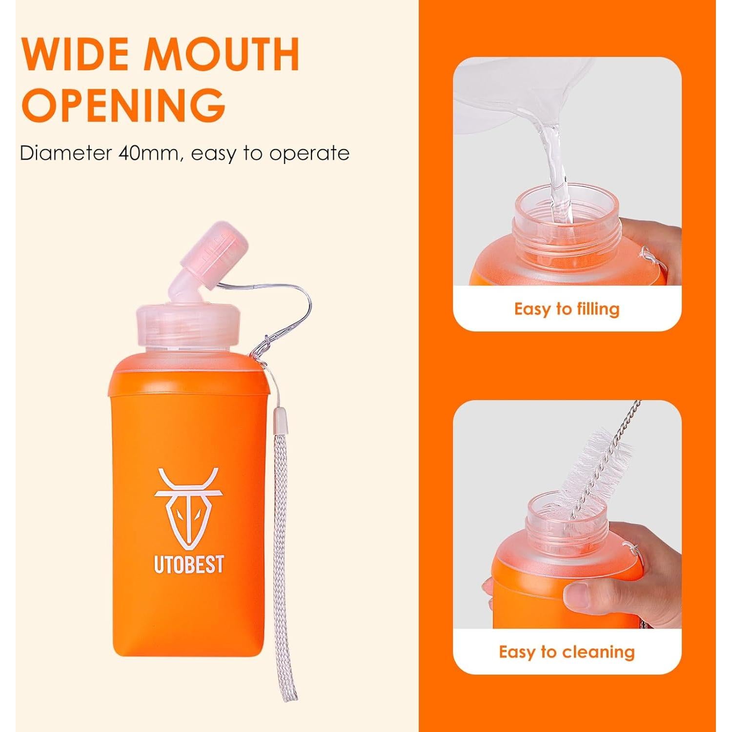 Botella Suave UTOBEST 450ml Plegable con Pajilla Naranja