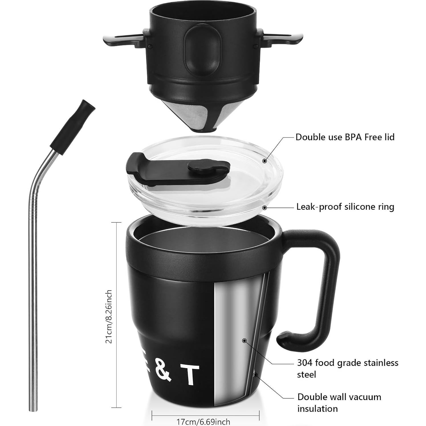 Taza de Café Acero Inoxidable Bincoo 480ML con Popote y Filtro