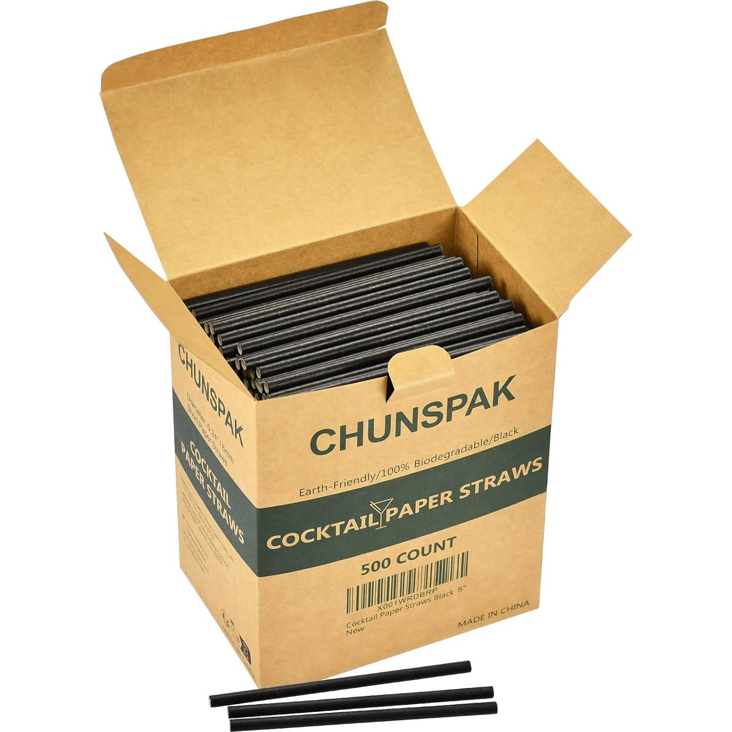 Popotes de papel Chunspak 5" negros biodegradables - 500 unidades