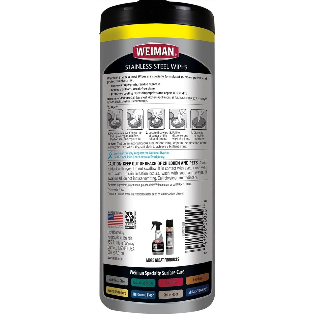 Toallitas de Acero Inoxidable Weiman, 30 Unidades, Limpieza Eficaz