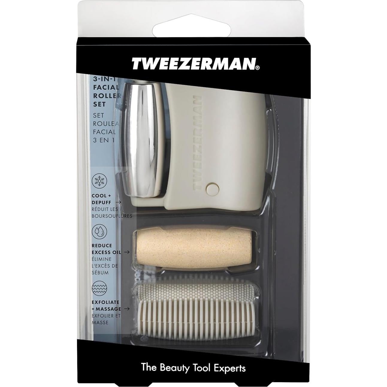 Juego de Rodillos Faciales 3-en-1 Tweezerman - Masaje, Exfoliación y Absorción