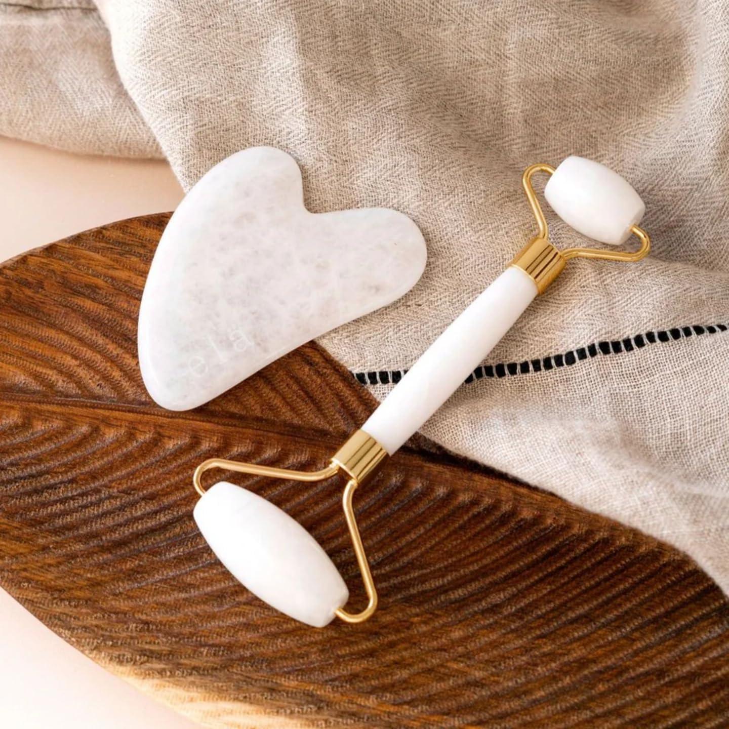 Juego de Gua Sha y Rodillo de Jade Blanco - Masaje Facial