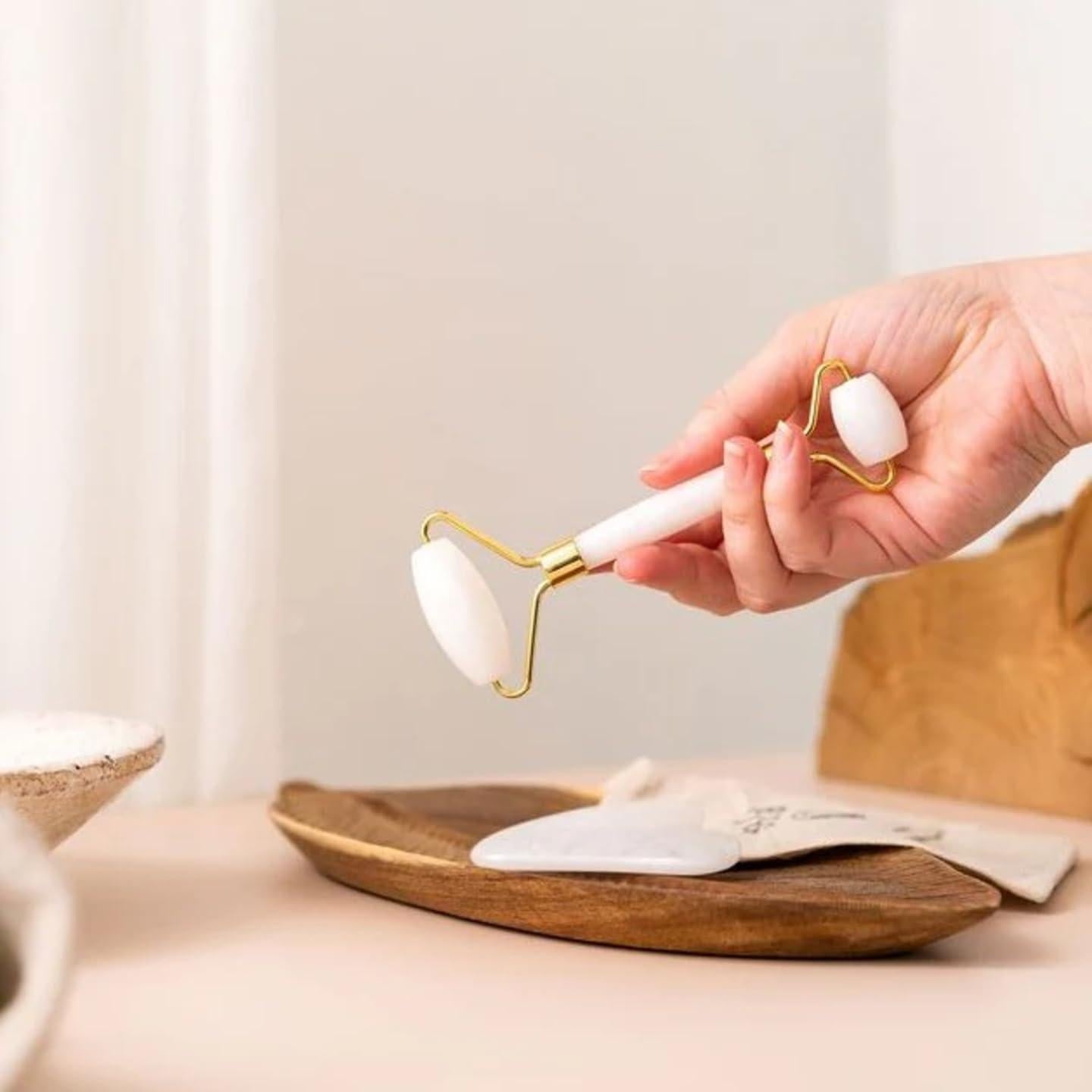 Juego de Gua Sha y Rodillo de Jade Blanco - Masaje Facial