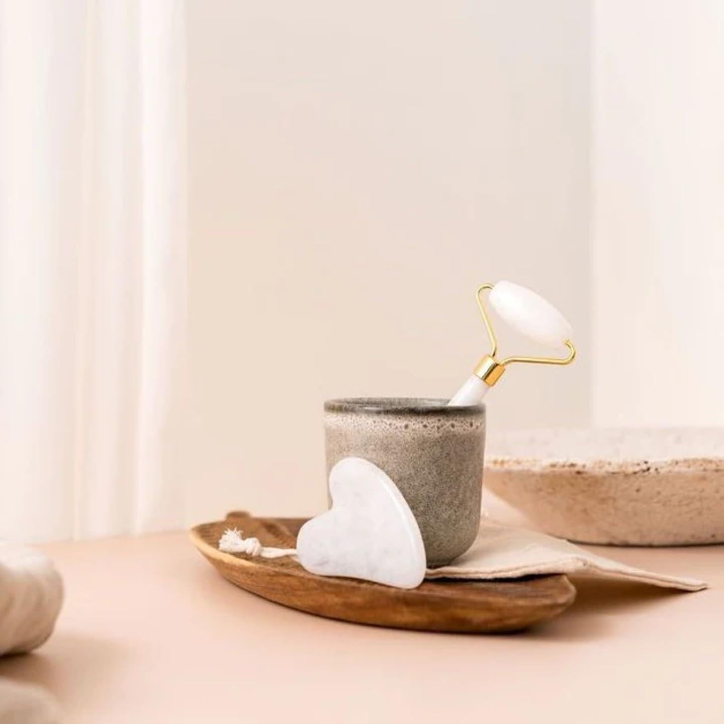 Juego de Gua Sha y Rodillo de Jade Blanco - Masaje Facial