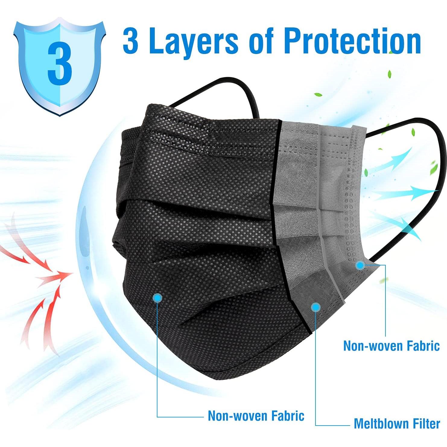 Paquete de 100 Mascarillas Desechables Negras 3 Capas HUNAN