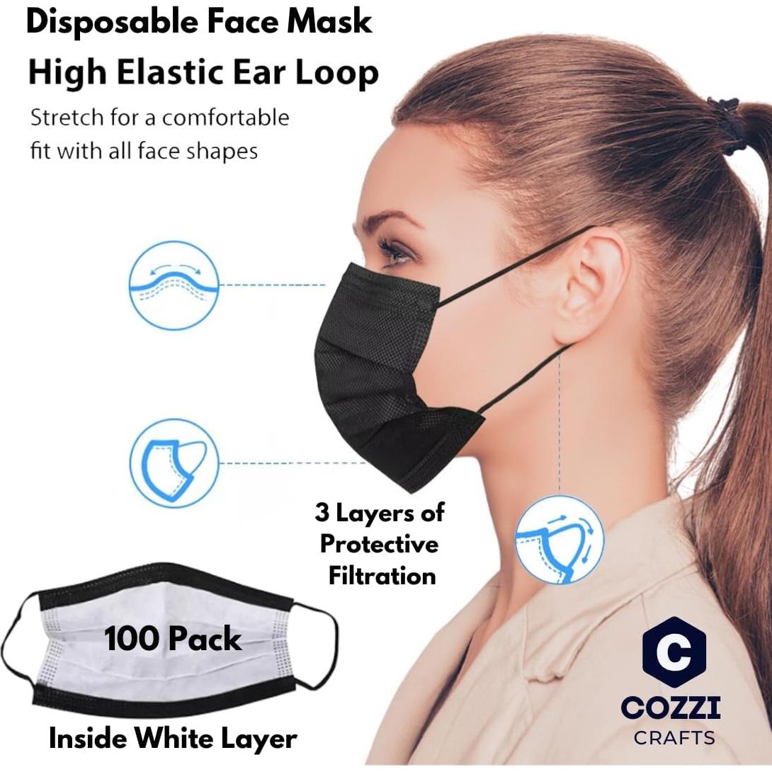 Mascarillas Negras Desechables 3 Capas Cozzi Crafts 100 Pk