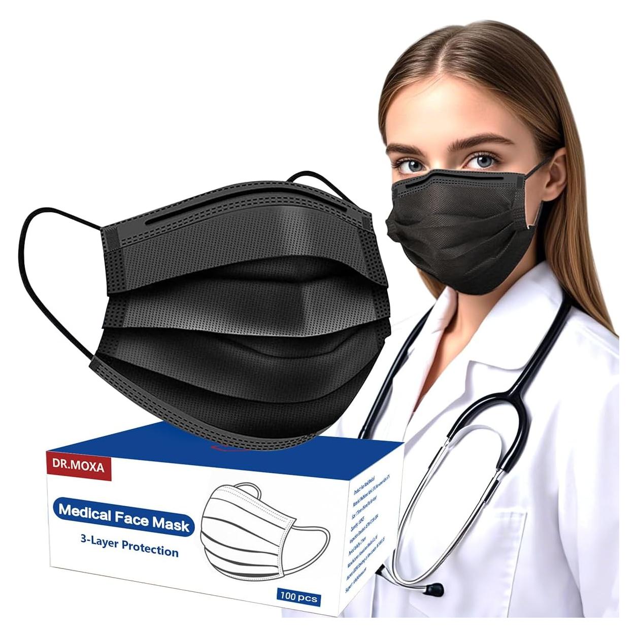 Paquete de 100 Mascarillas Desechables Negras DR.MOXA 3 Capas
