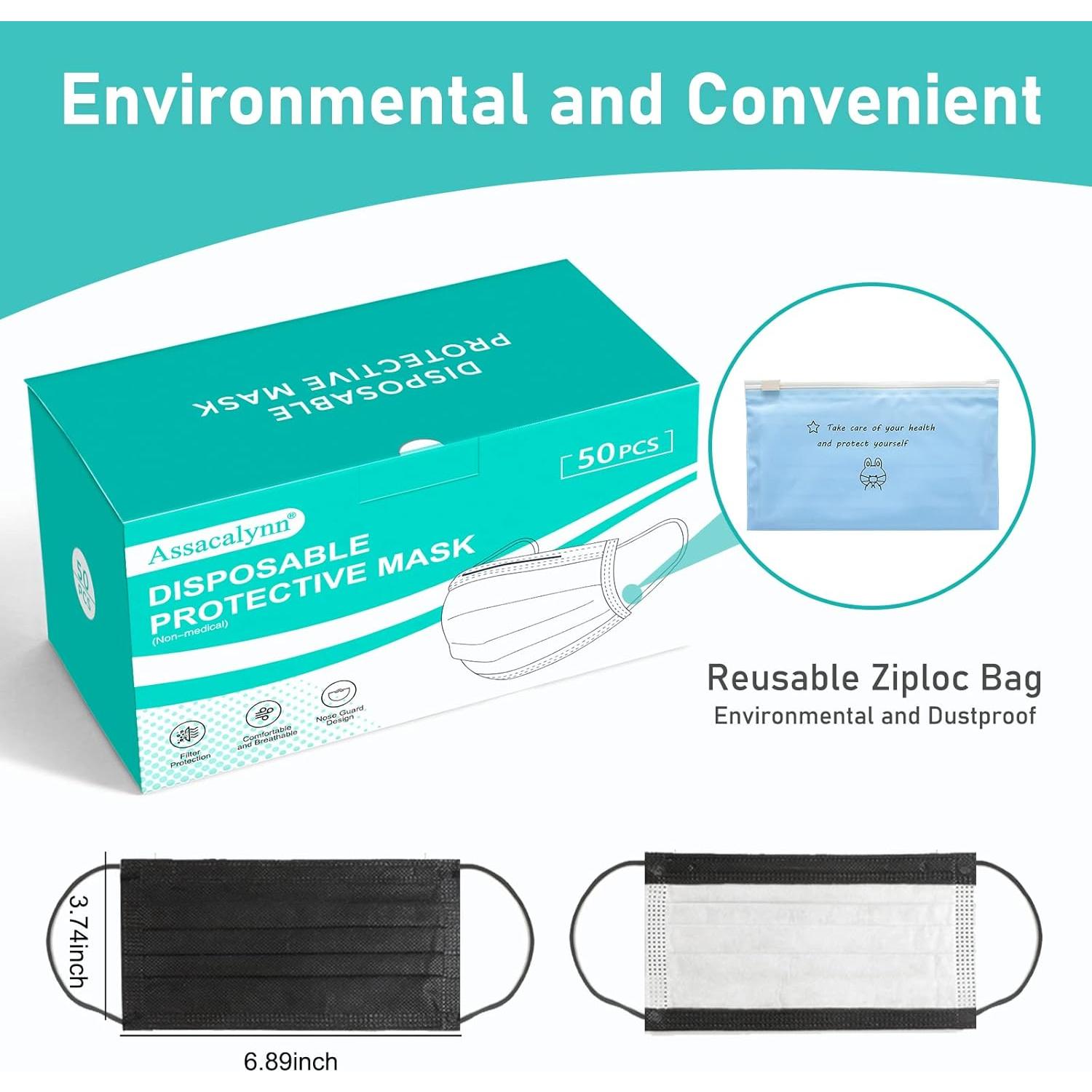 Mascarillas Desechables Negras 4 Capas Assacalynn 50PCS