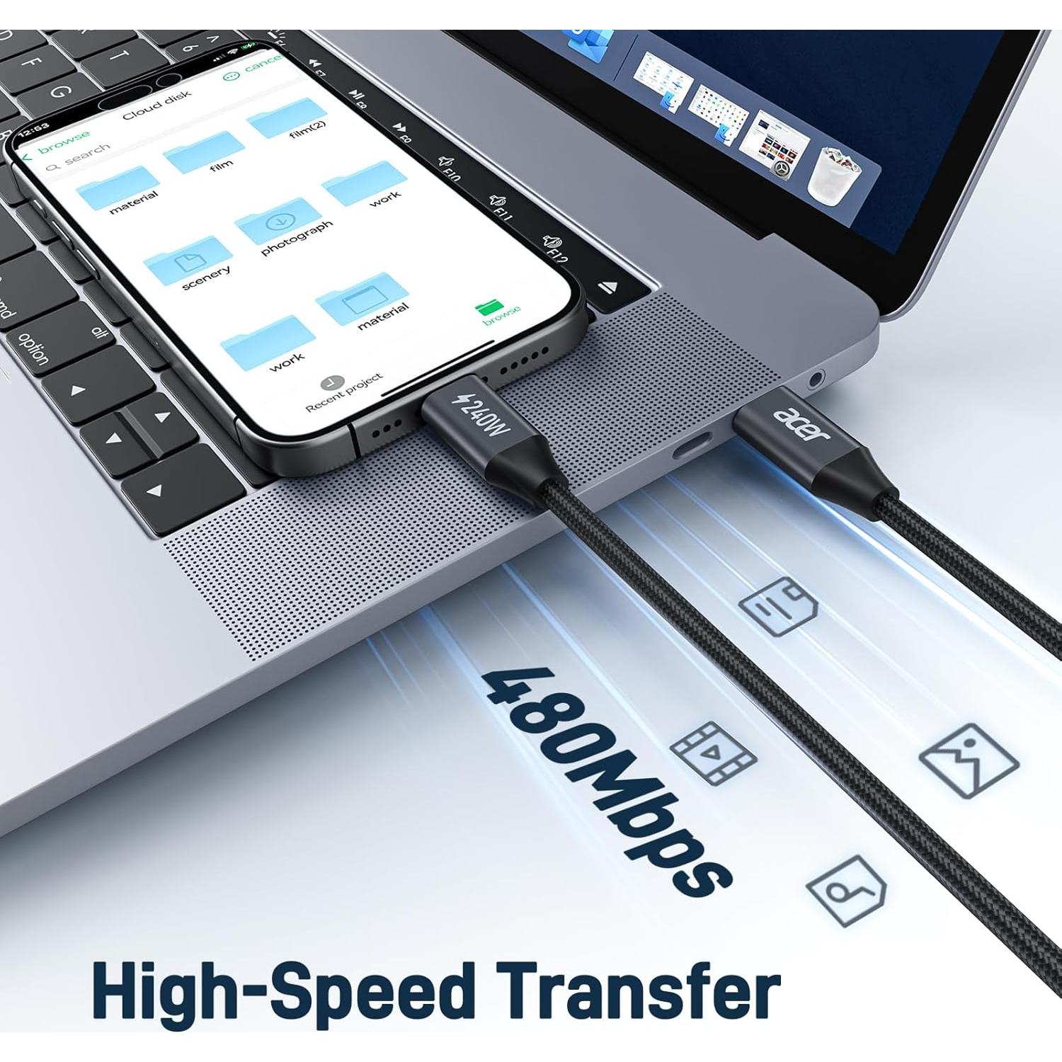 Cable USB C Acer OCB249 240W 2m Trenzado Nylon Carga Rápida