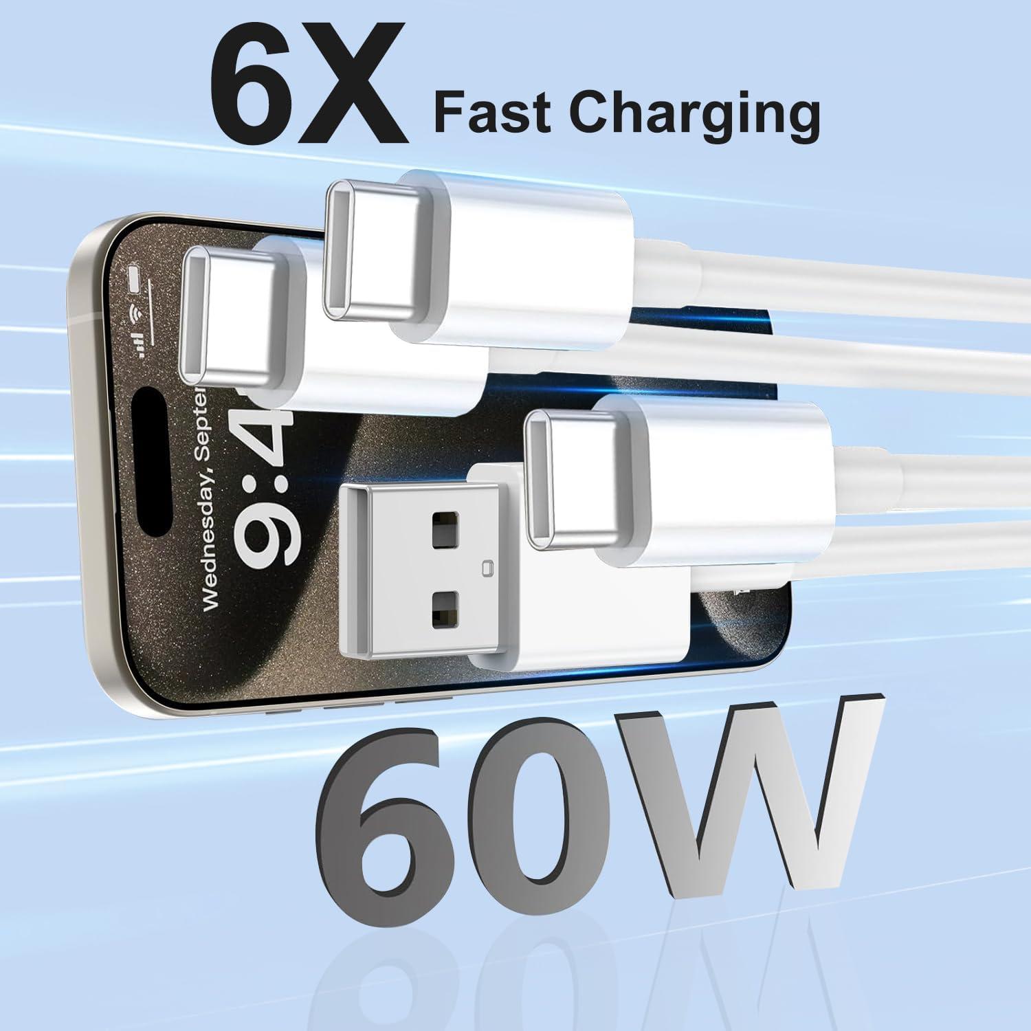 Cable de carga USB C Cabepow 60W 4-Pack 3FT y 6FT Blanco