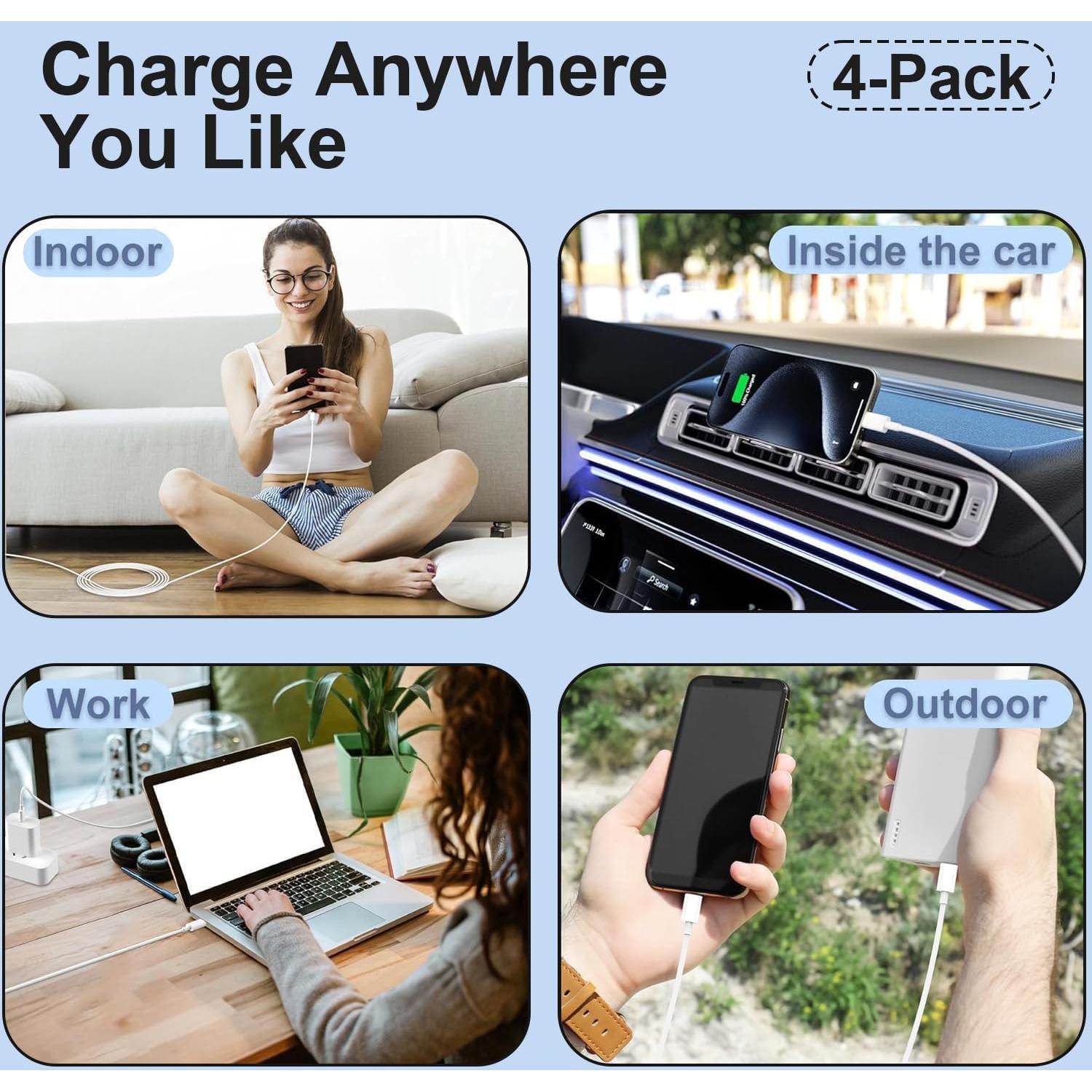 Cable de carga USB C Cabepow 60W 4-Pack 3FT y 6FT Blanco