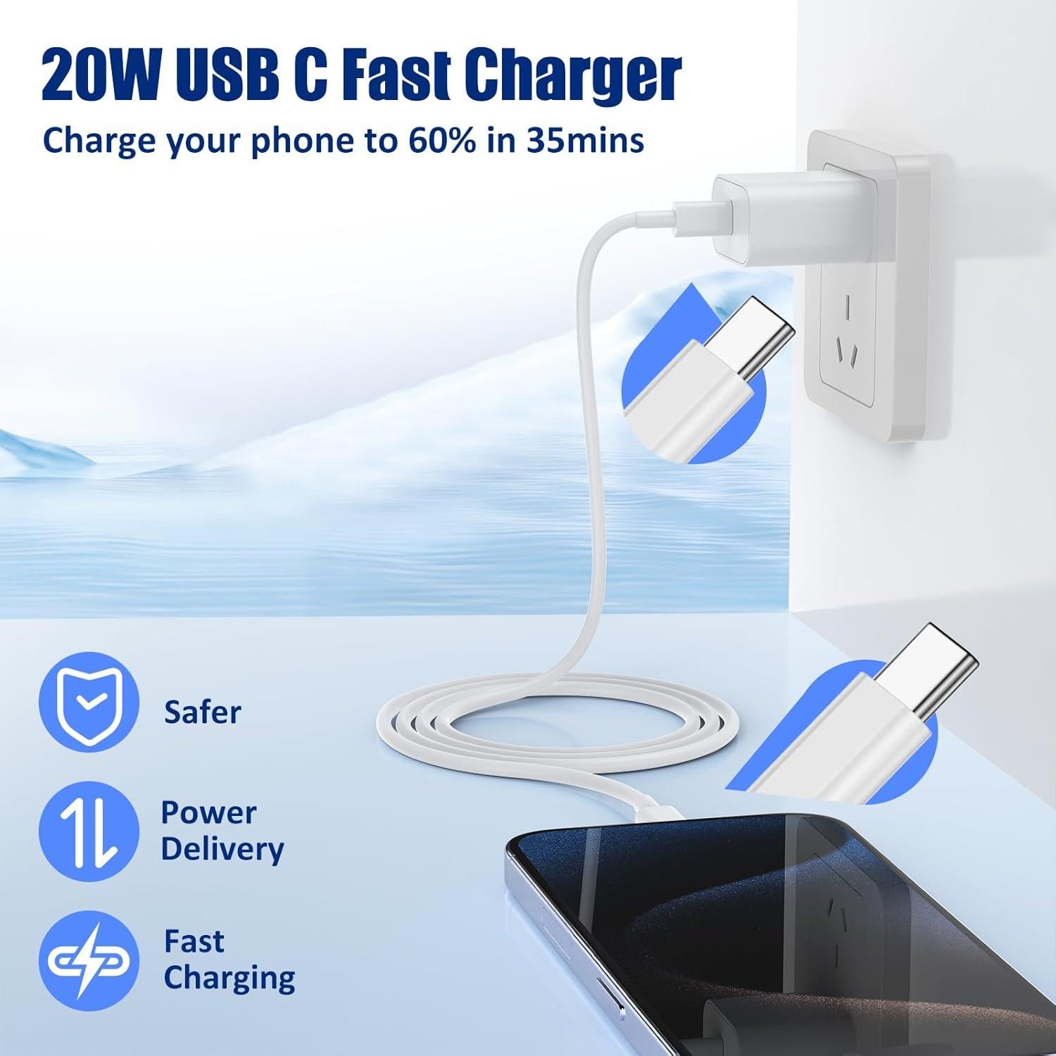 Cargador Rápido 20W Weiship + 3 Cables USB-C 0.91/1.98/3.05m