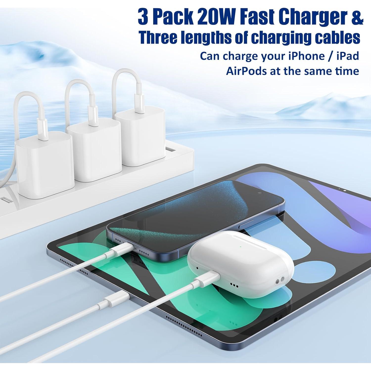 Cargador Rápido 20W Weiship + 3 Cables USB-C 0.91/1.98/3.05m