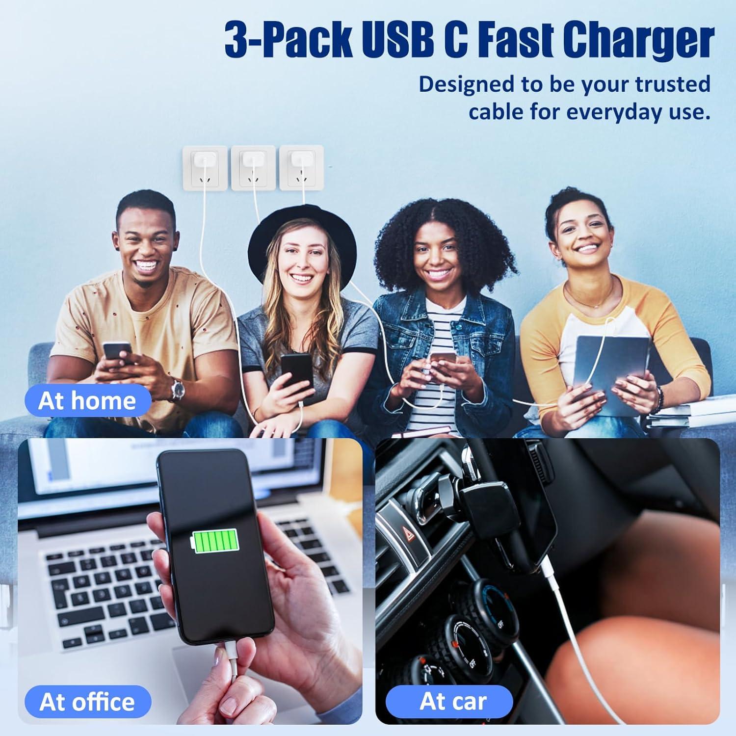 Cargador Rápido 20W Weiship + 3 Cables USB-C 0.91/1.98/3.05m