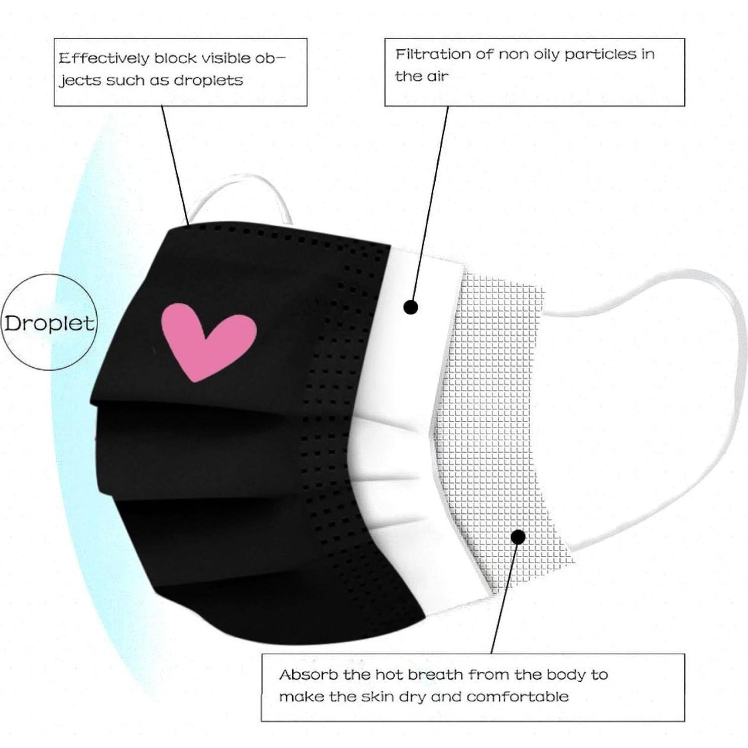 Mascarillas Desechables 50pcs 3 Capas Corazones Rosados