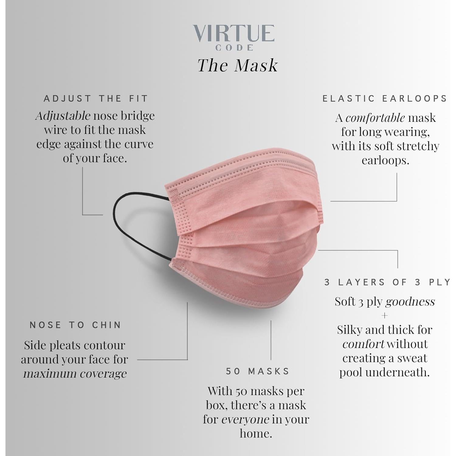 Mascarillas desechables Virtue Code 3 capas color rosa - 50 unidades