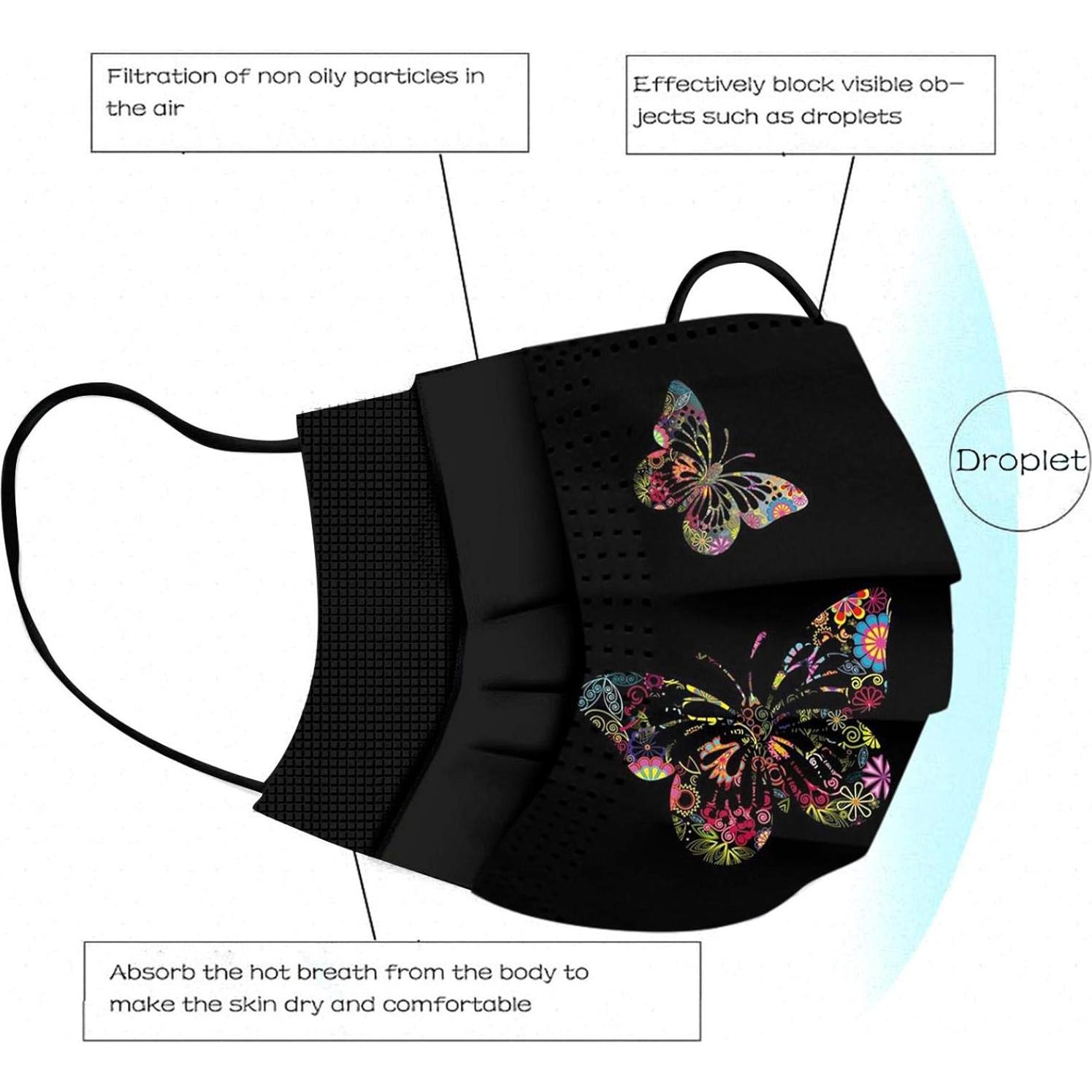 50 Mascarillas Desechables Negras 3 Capas Mariposa Adulto