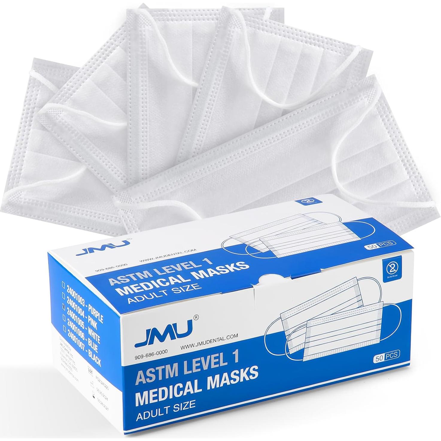 Mascarillas Desechables JMU 50pcs 3 Capas Grado Médico Blancas