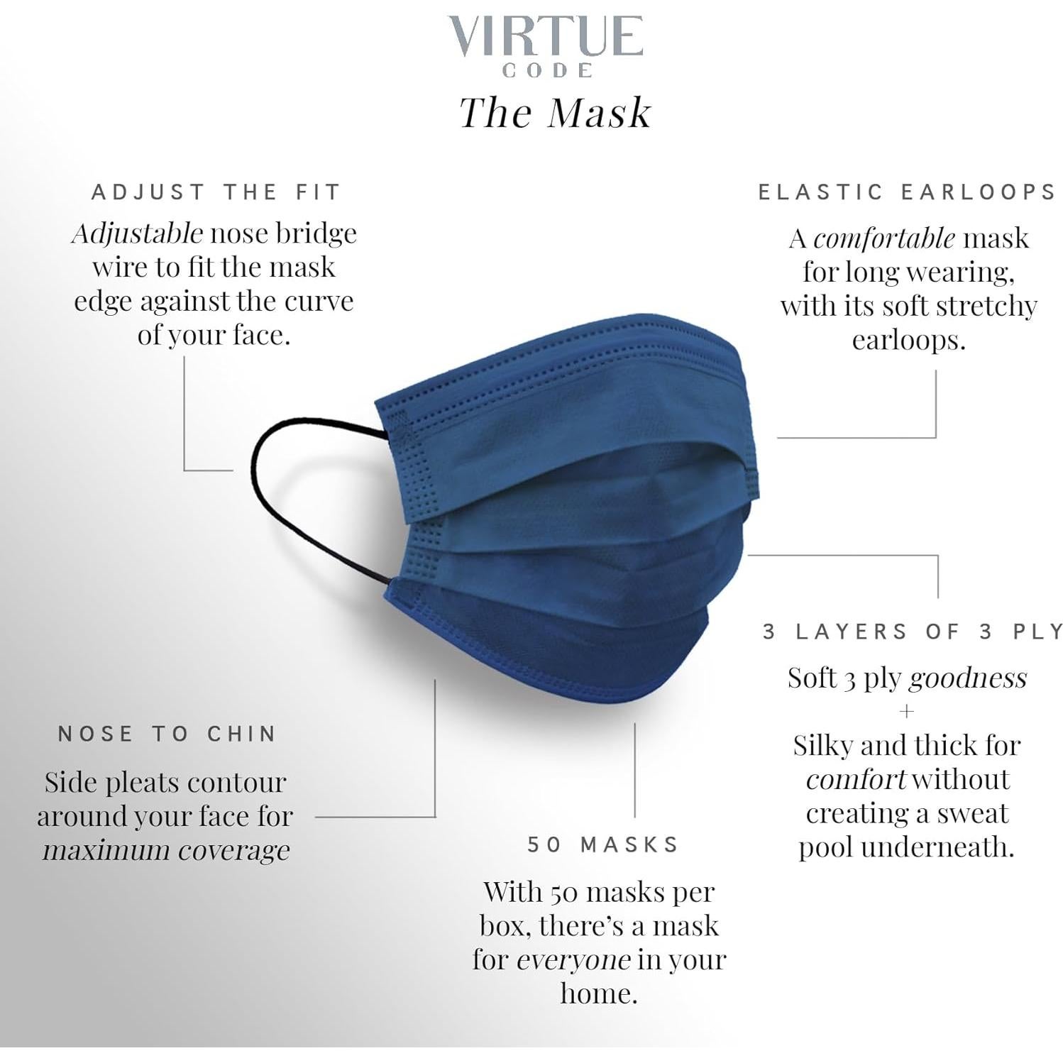 Mascarillas Desechables VIRTUE CODE 3 Capas Suaves 50 Unidades
