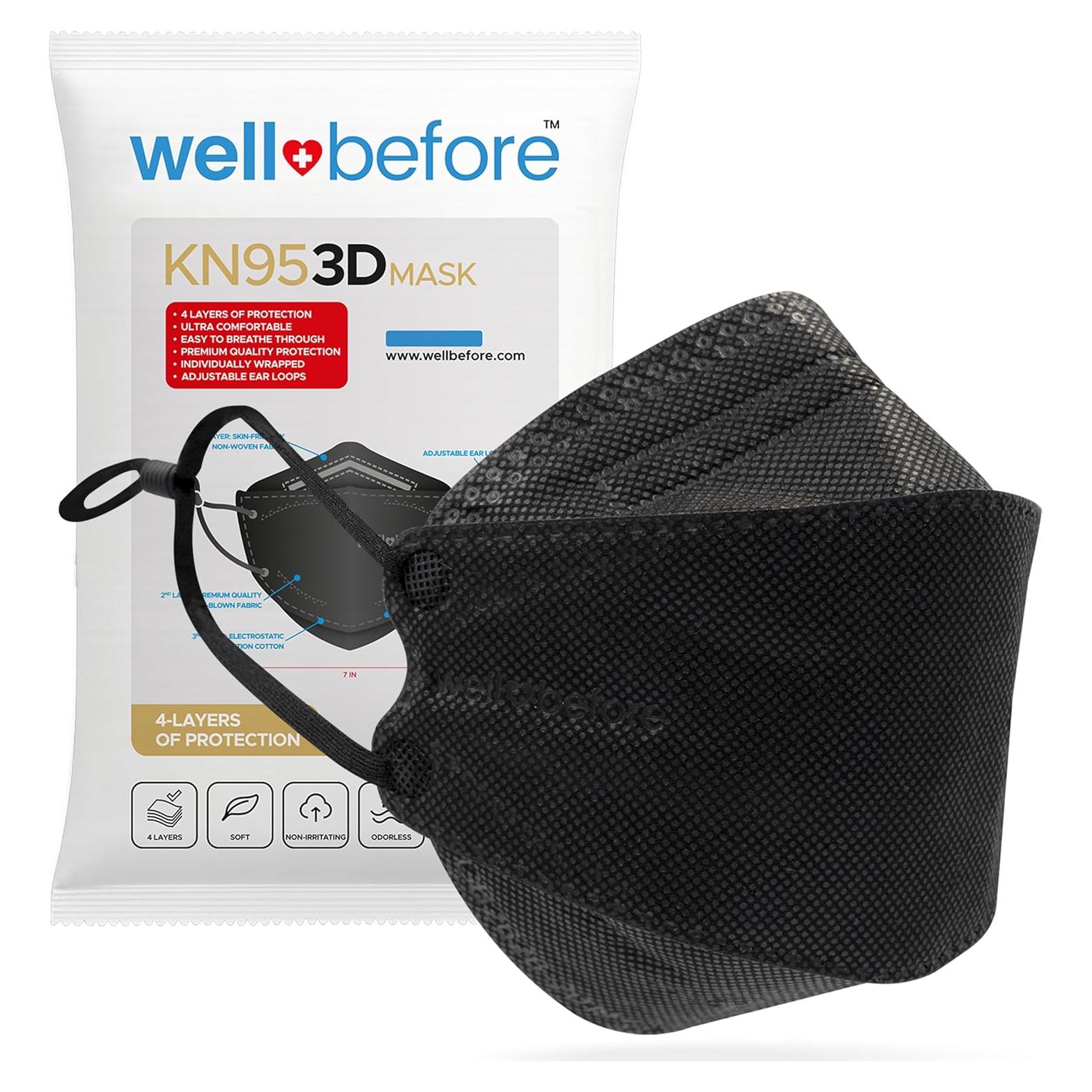 Mascarillas KN95 3D Premium Paquete de 10, Ajustables, Negras