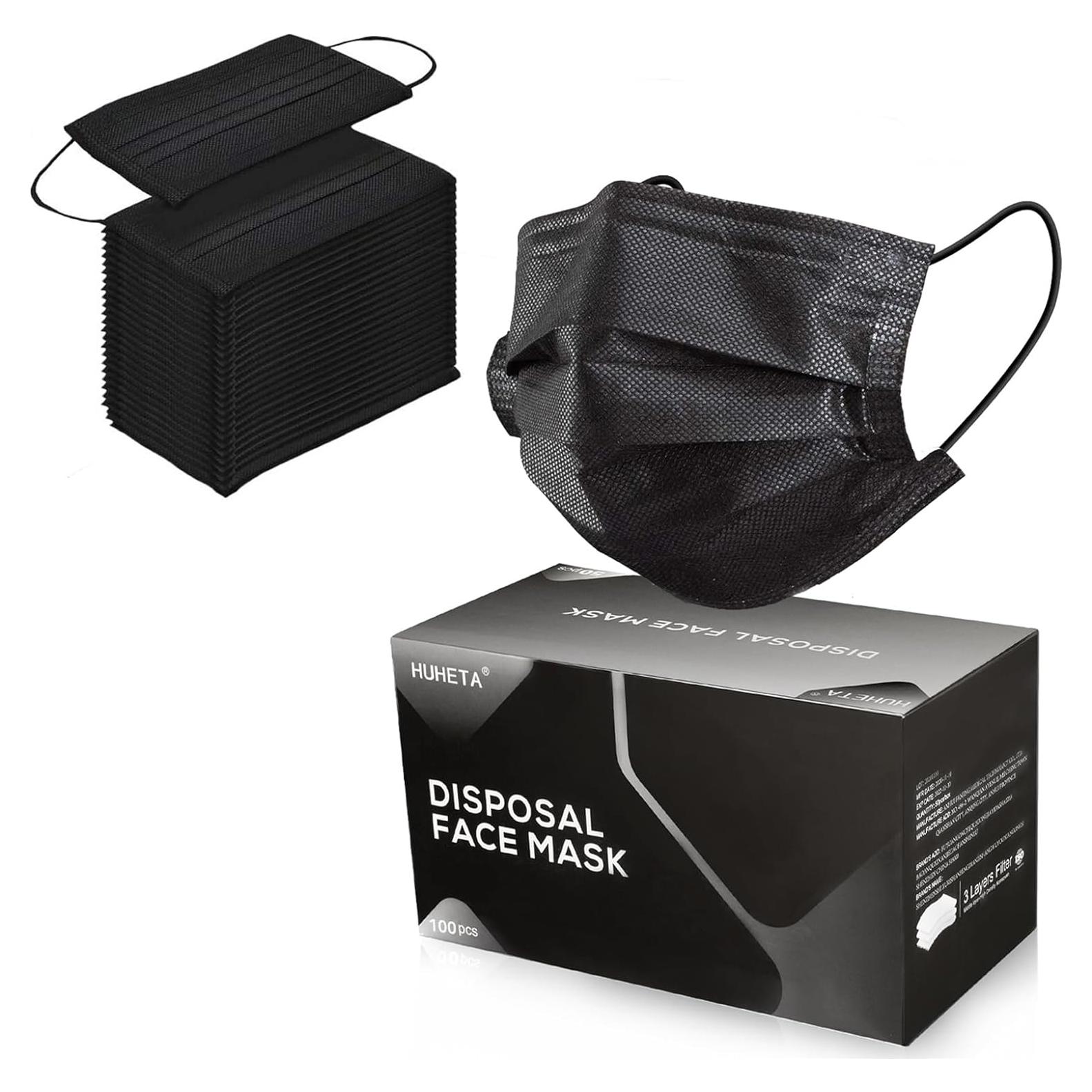 Mascarillas Desechables Negras HUHETA 100 Pcs 3 Capas Transpirables