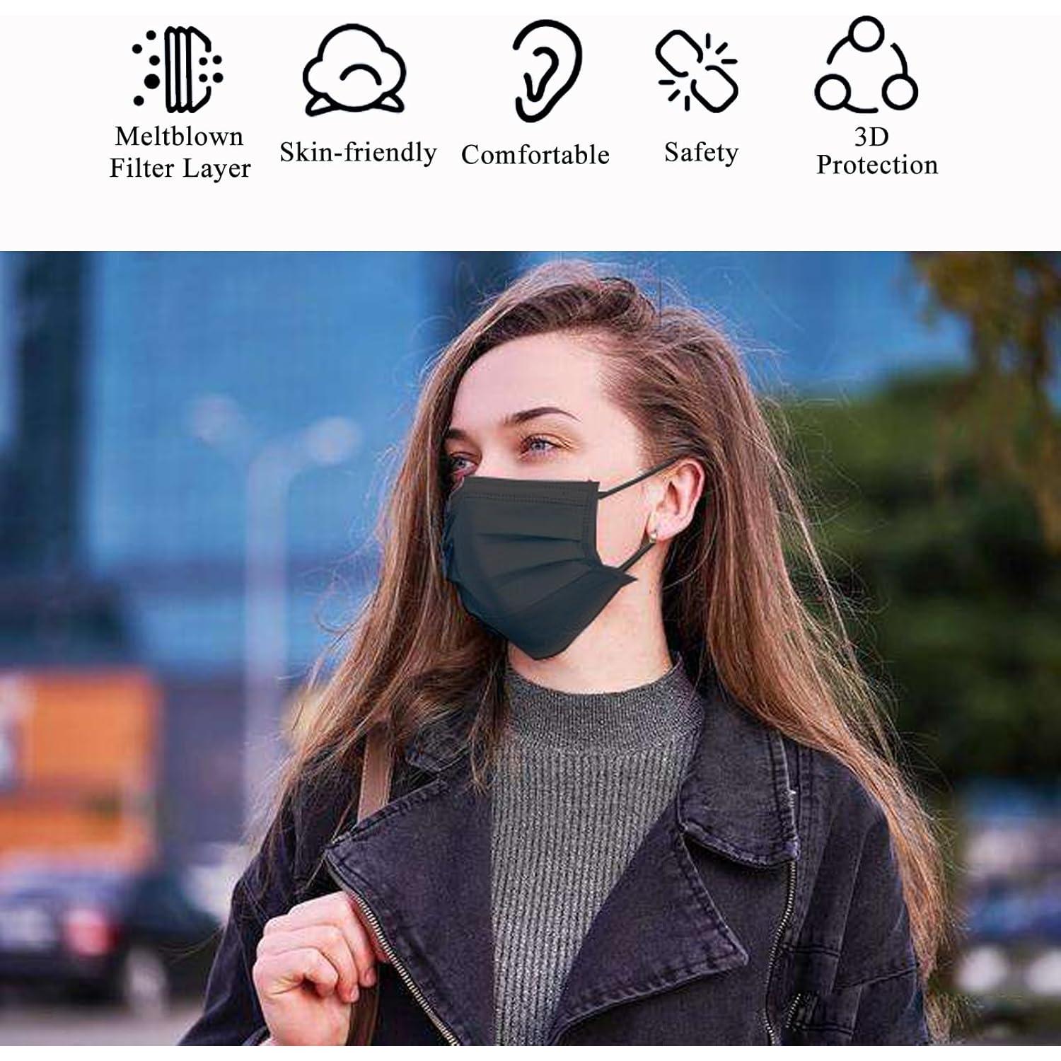 Mascarillas Desechables Negras HUHETA 100 Pcs 3 Capas Transpirables