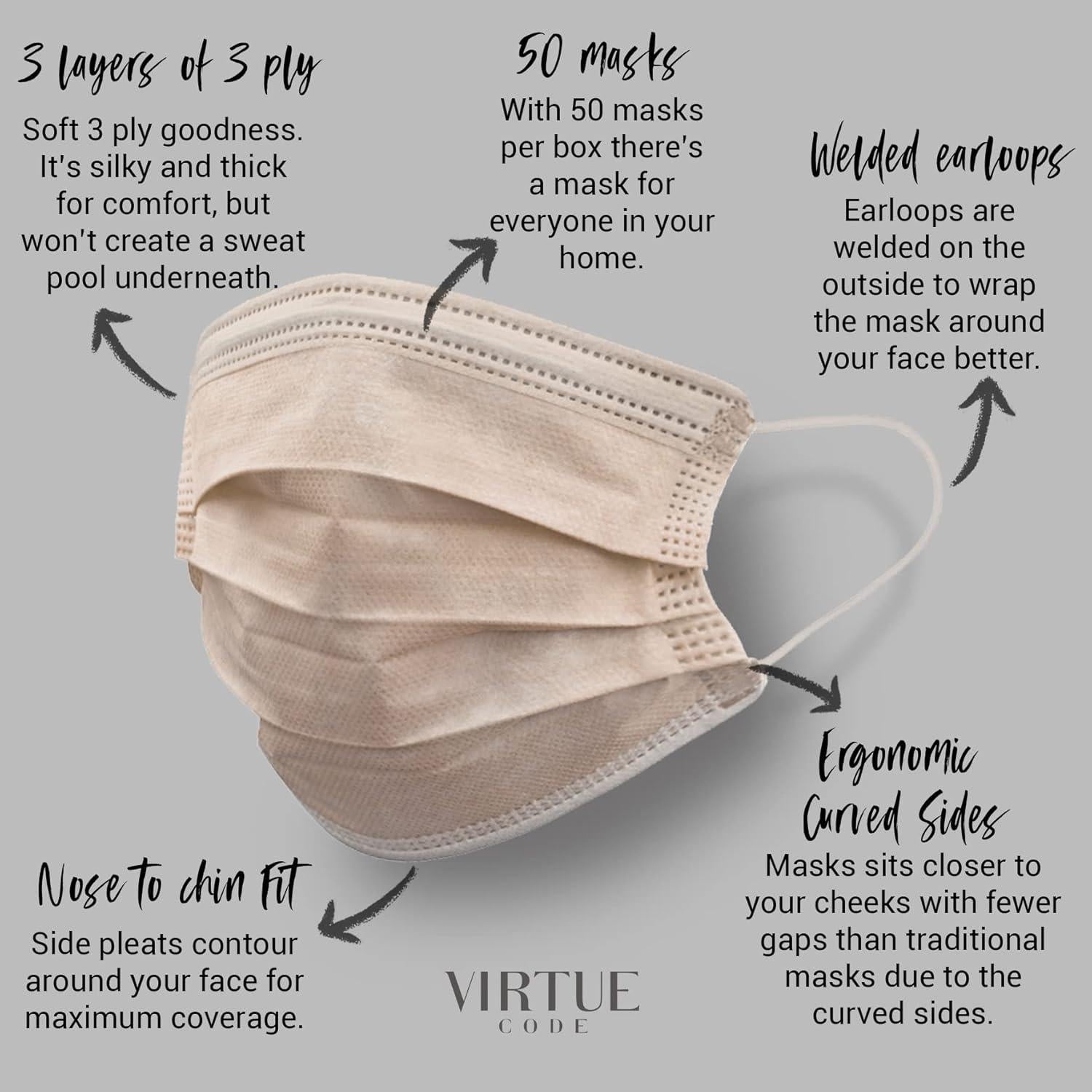 Mascarillas Desechables VIRTUE CODE 3 Capas 50 Unidades Beige